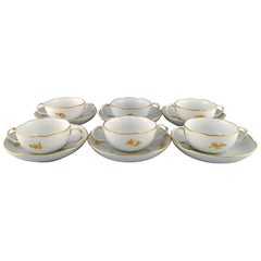 Six Meissen Bouillon Cups with Saucers in Porcelain with Flowers and Foliage