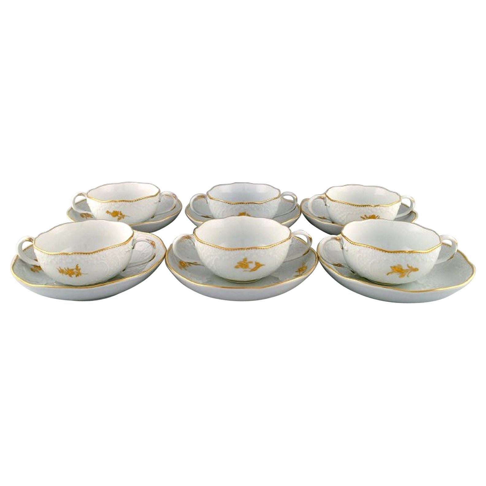 Six Meissen Bouillon Cups with Saucers in Porcelain with Flowers and Foliage