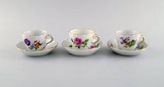 Six Meissen coffee cups with saucers in hand-painted porcelain.