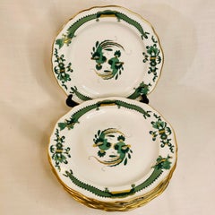 Six Meissen Green Court Dragon Dessert Plates With Phoenix Birds and Dragons
