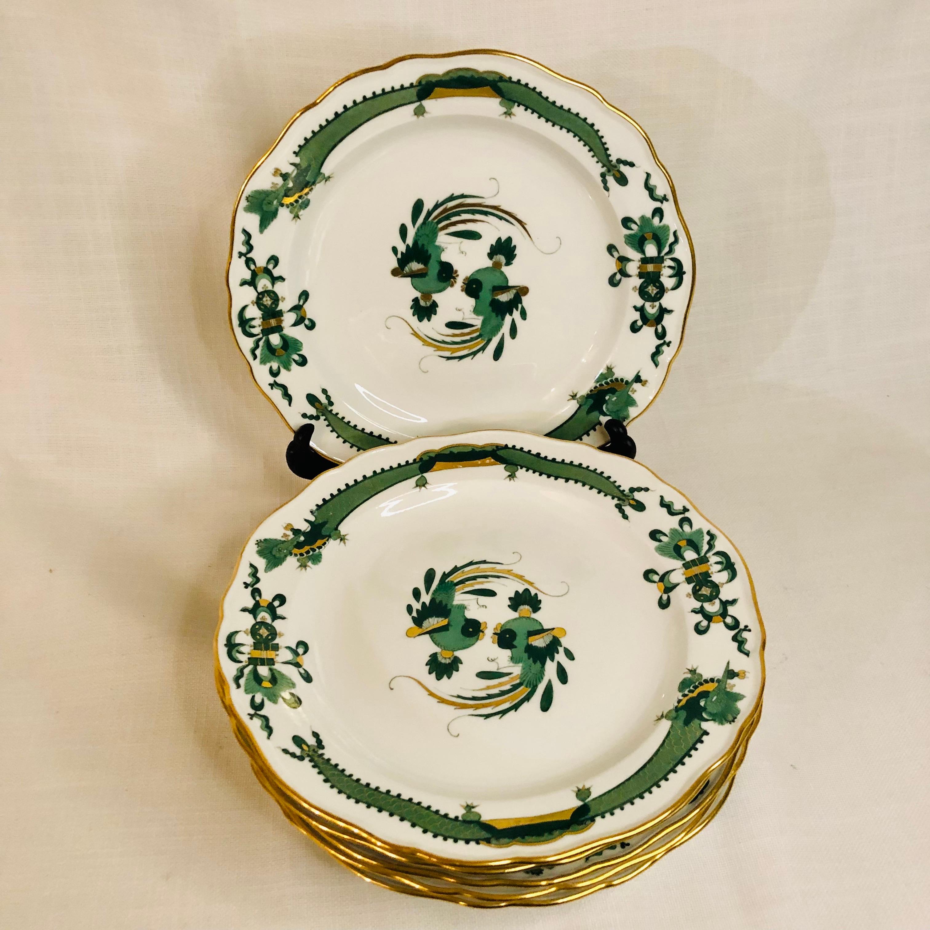 Chinese Export Six Meissen Green Court Dragon Dessert Plates With Phoenix Birds and Dragons