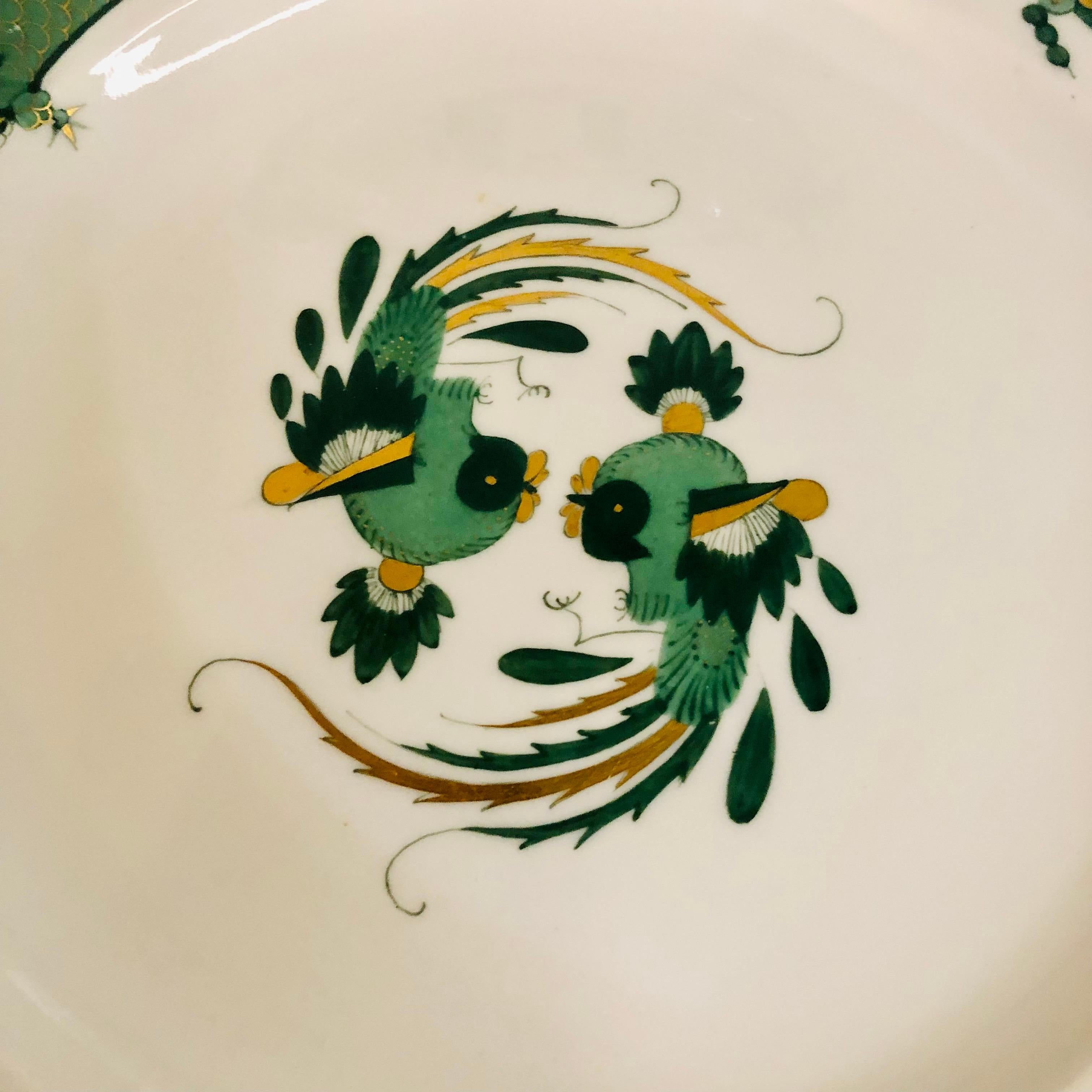 Six Meissen Green Court Dragon Dessert Plates With Phoenix Birds and Dragons In Good Condition In Boston, MA