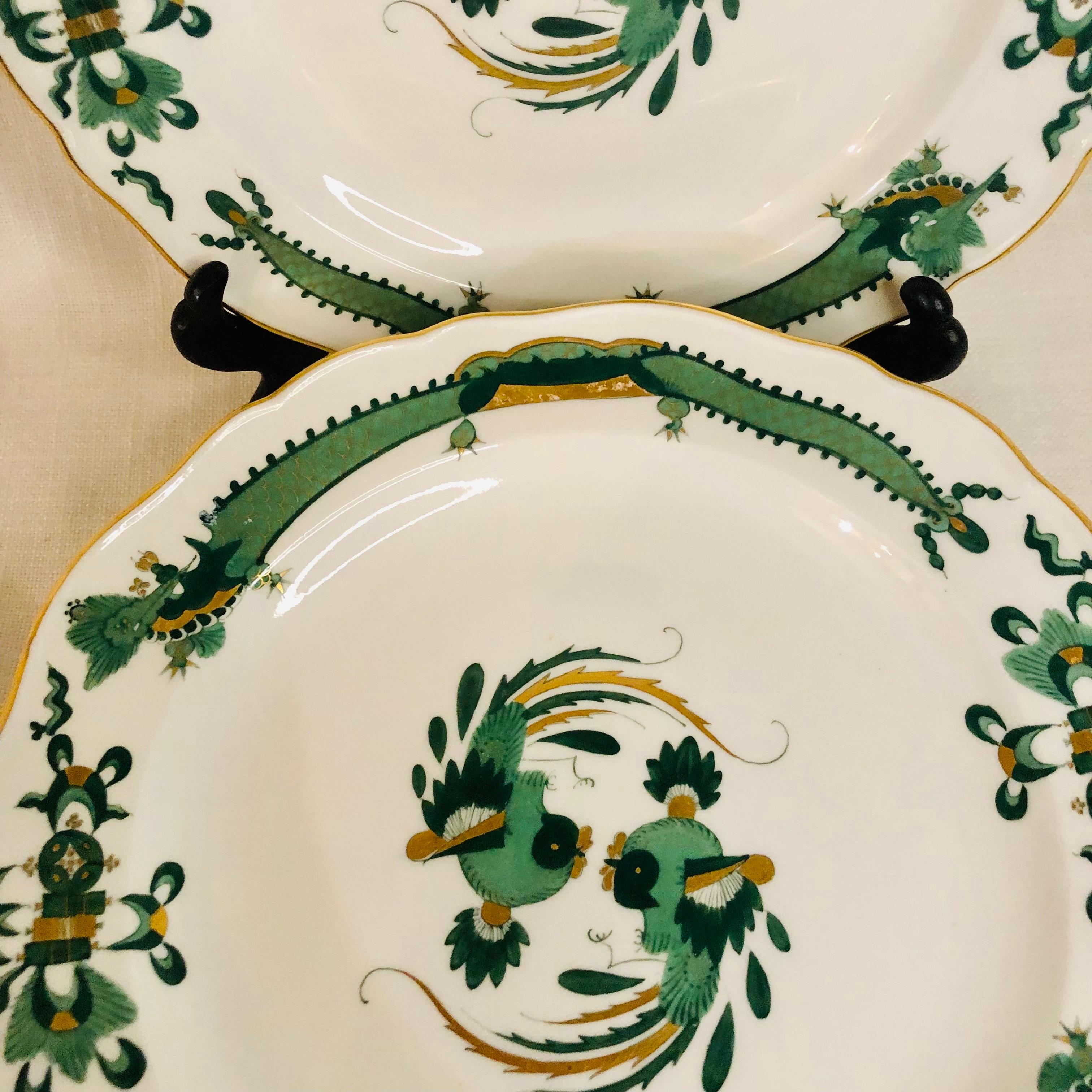 Sechs Meissener Grüne Hofdrachen Dessertteller mit Phönixvögeln und Drachen (Spätes 19. Jahrhundert)