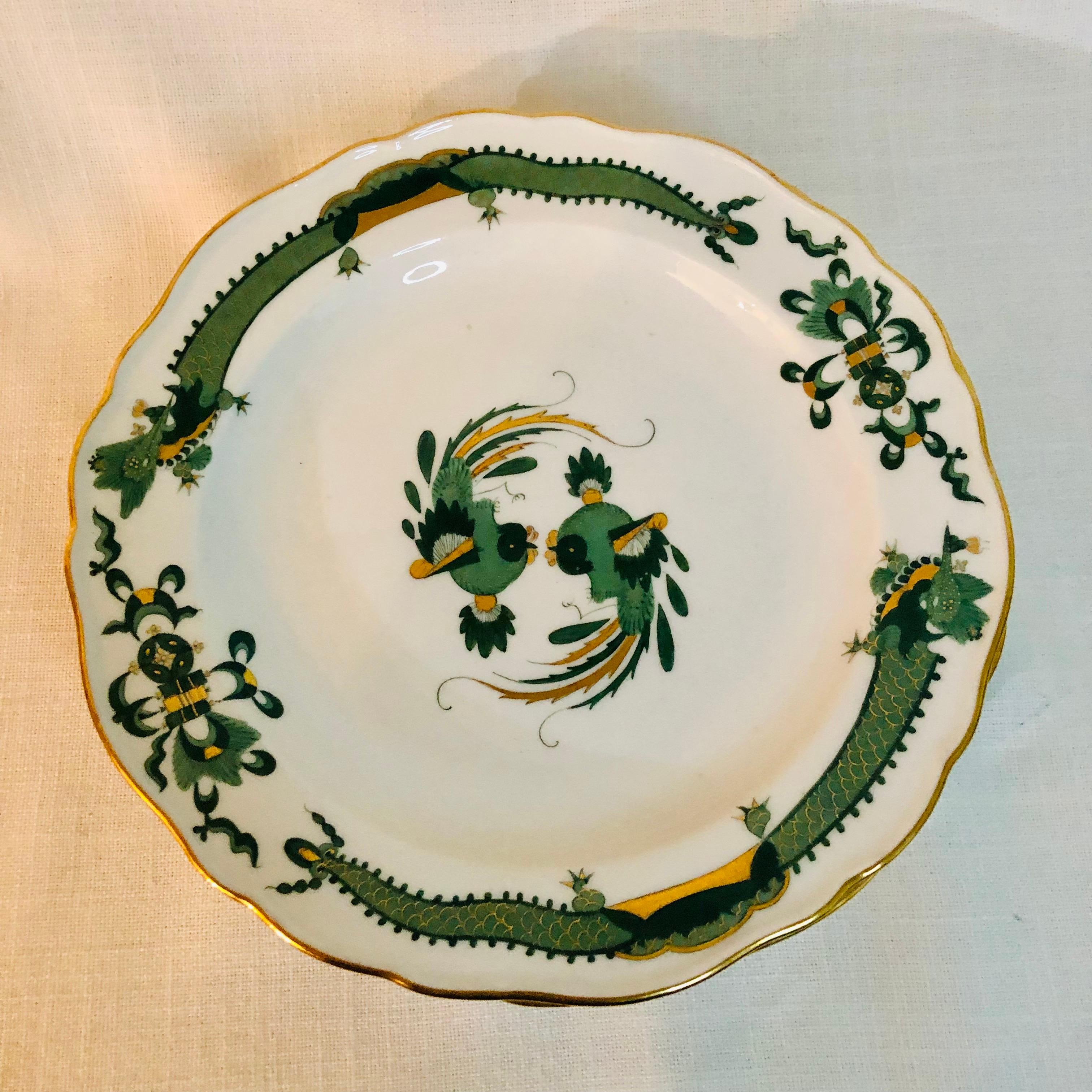 Porcelain Six Meissen Green Court Dragon Dessert Plates With Phoenix Birds and Dragons