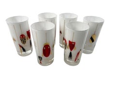 Six "METH" Mid-Century Highball Glasses w/Fishing Lures in 22k Gold and Enamels