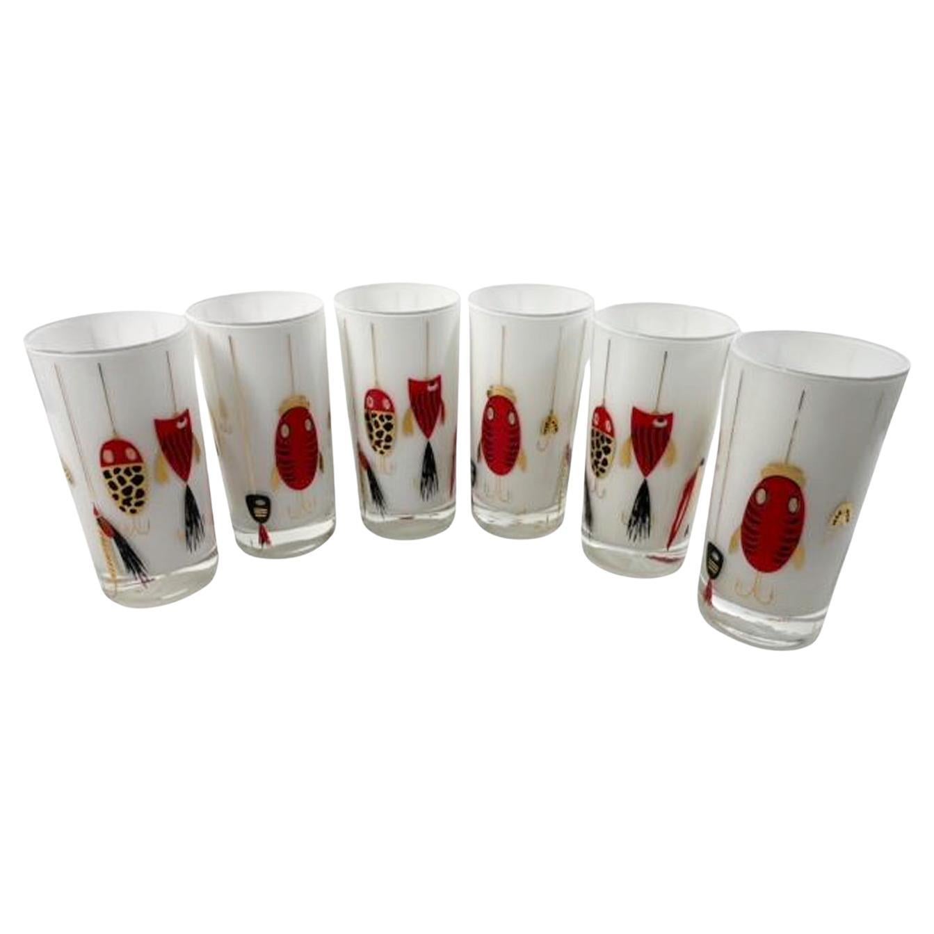 Six "METH" Mid-Century Highball Glasses w/Fishing Lures in 22k Gold and Enamels For Sale