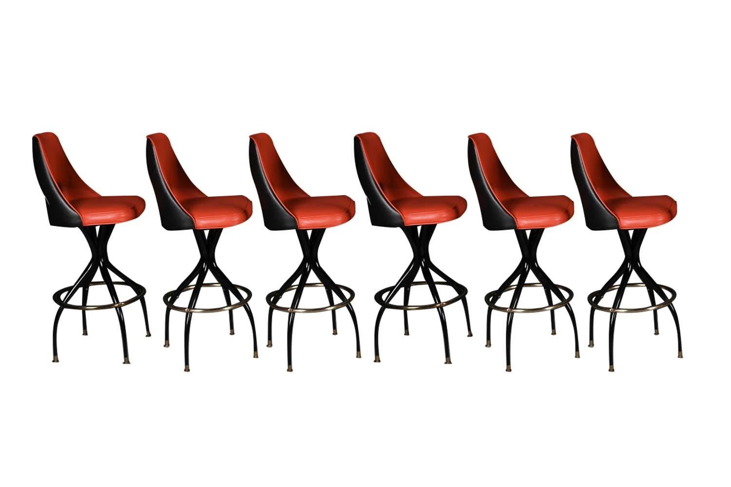 Six Midcentury Black and Orange Swivel Bar Stools 1970s In Good Condition For Sale In Baltimore, MD
