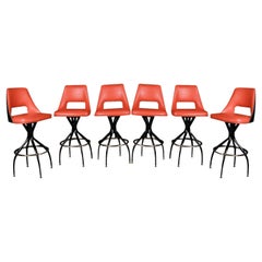 Six Midcentury Black and Orange Swivel Bar Stools 1970s