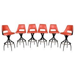 Retro Six Midcentury Black and Orange Swivel Bar Stools 1970s