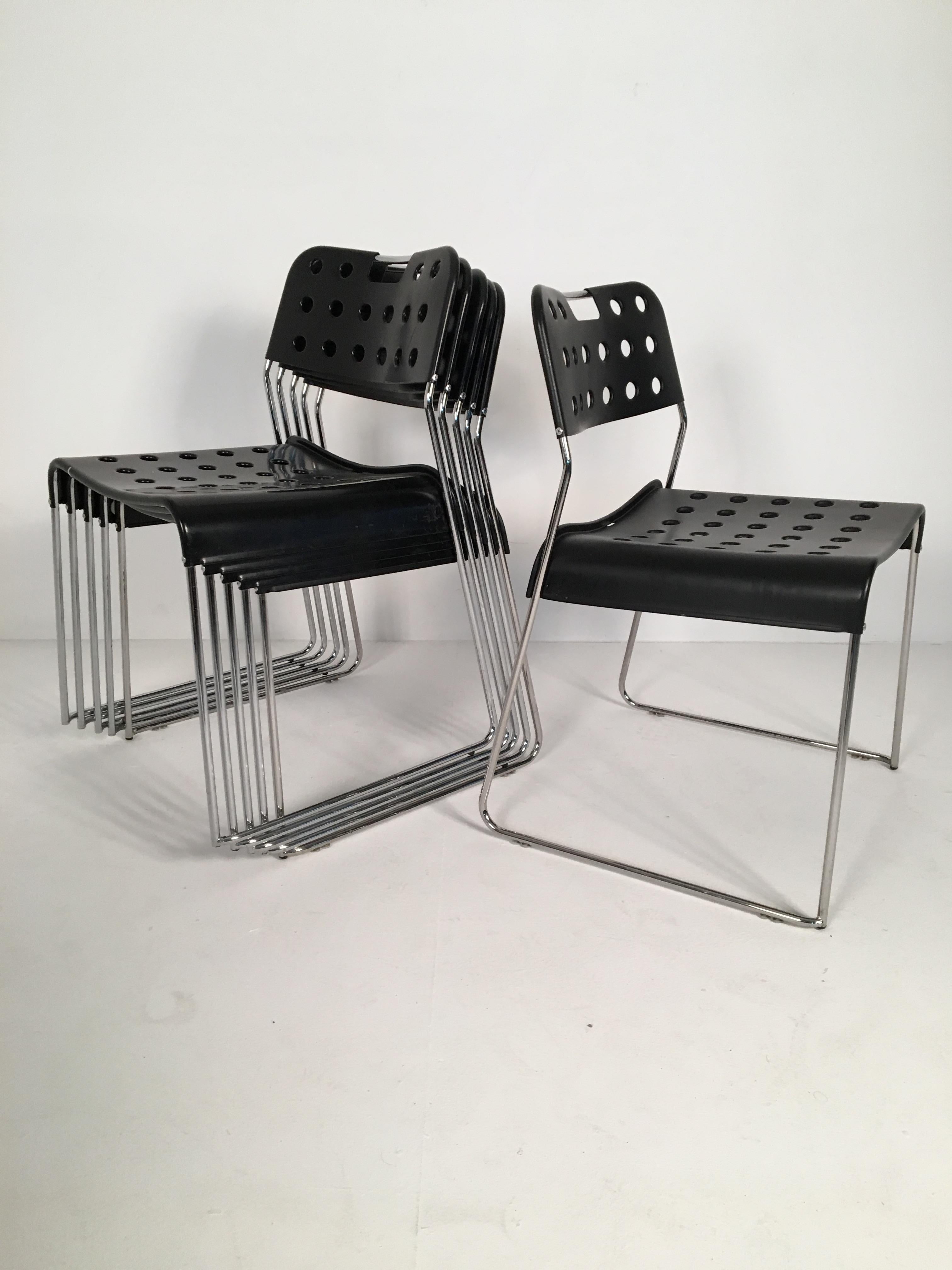 6 superb stackable Omstak chairs, designed by revered British designer Rodney Kinsman and produced by Bieffeplast in the 1970s.

A now very collectible design, these chairs are extremely practical, hard wearing and the perfect fit for Mid-Century