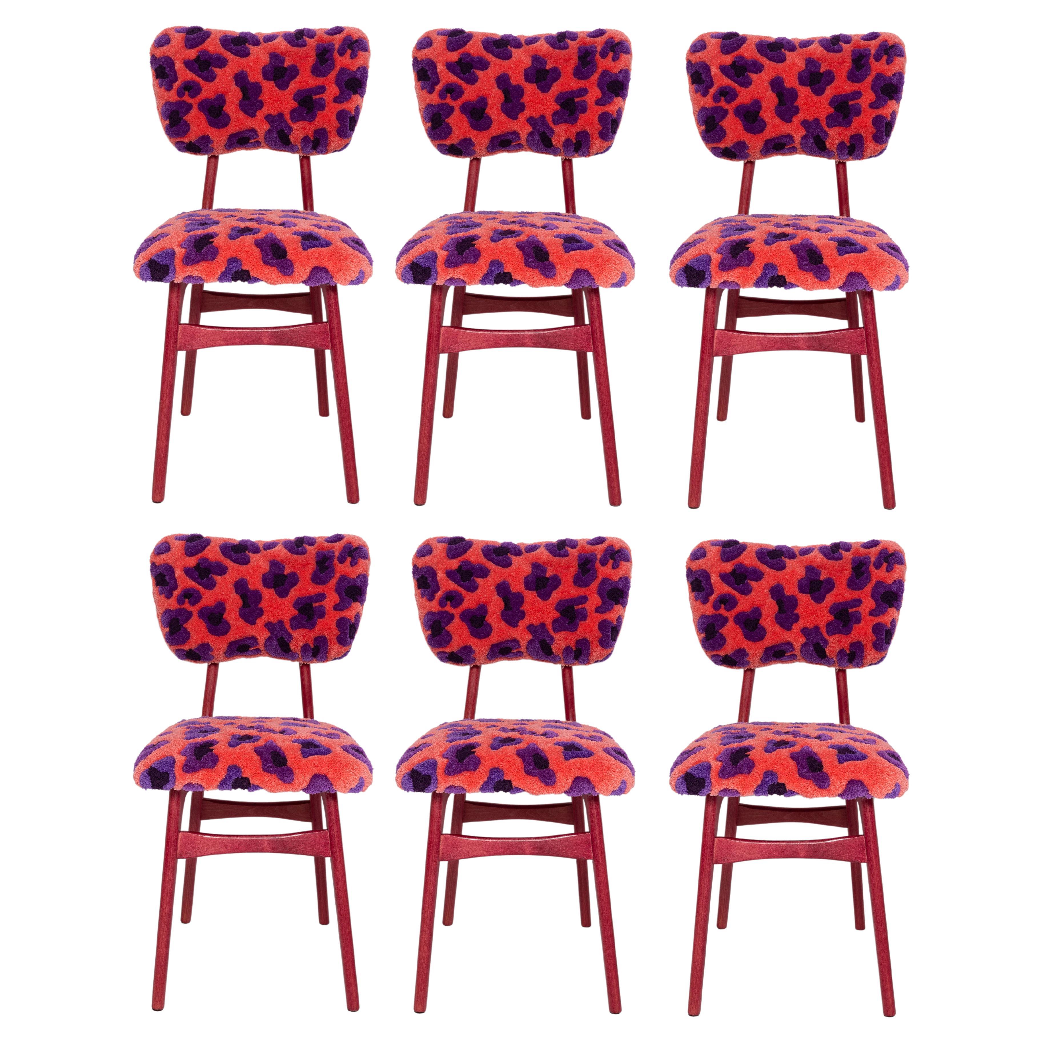 Sechs Schmetterlingsstühle aus der Mitte des Jahrhunderts, handgetuftet, rosa Wolle Leopard, Europa, 1960er Jahre