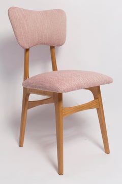 Six chaises de salle à manger papillon du milieu du siècle, lin rose, bois clair, Europe, années 1960