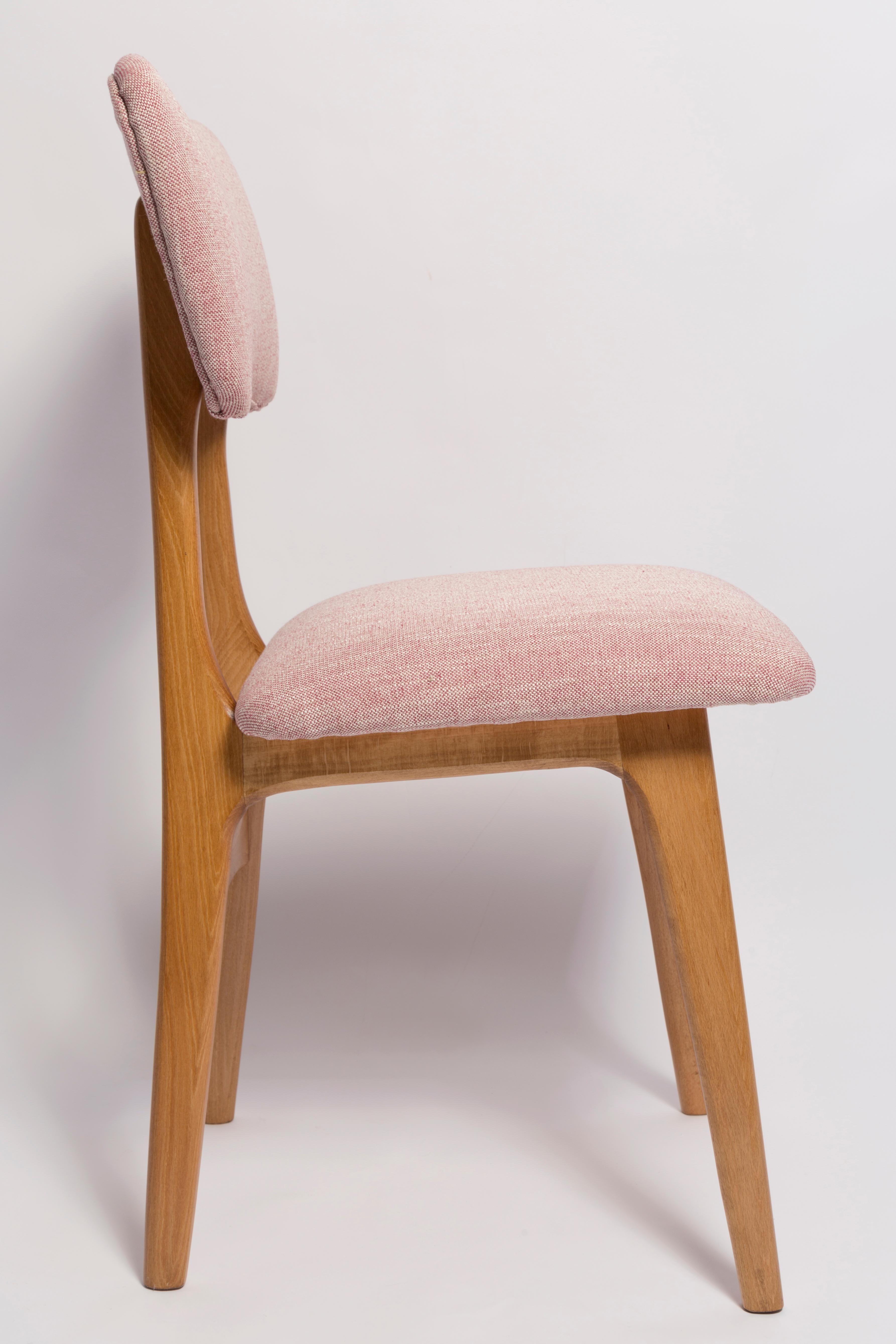 Hand-Crafted Six Mid-Century Butterfly Dining Chairs, Pink Linen, Light Wood, Europe, 1960s For Sale