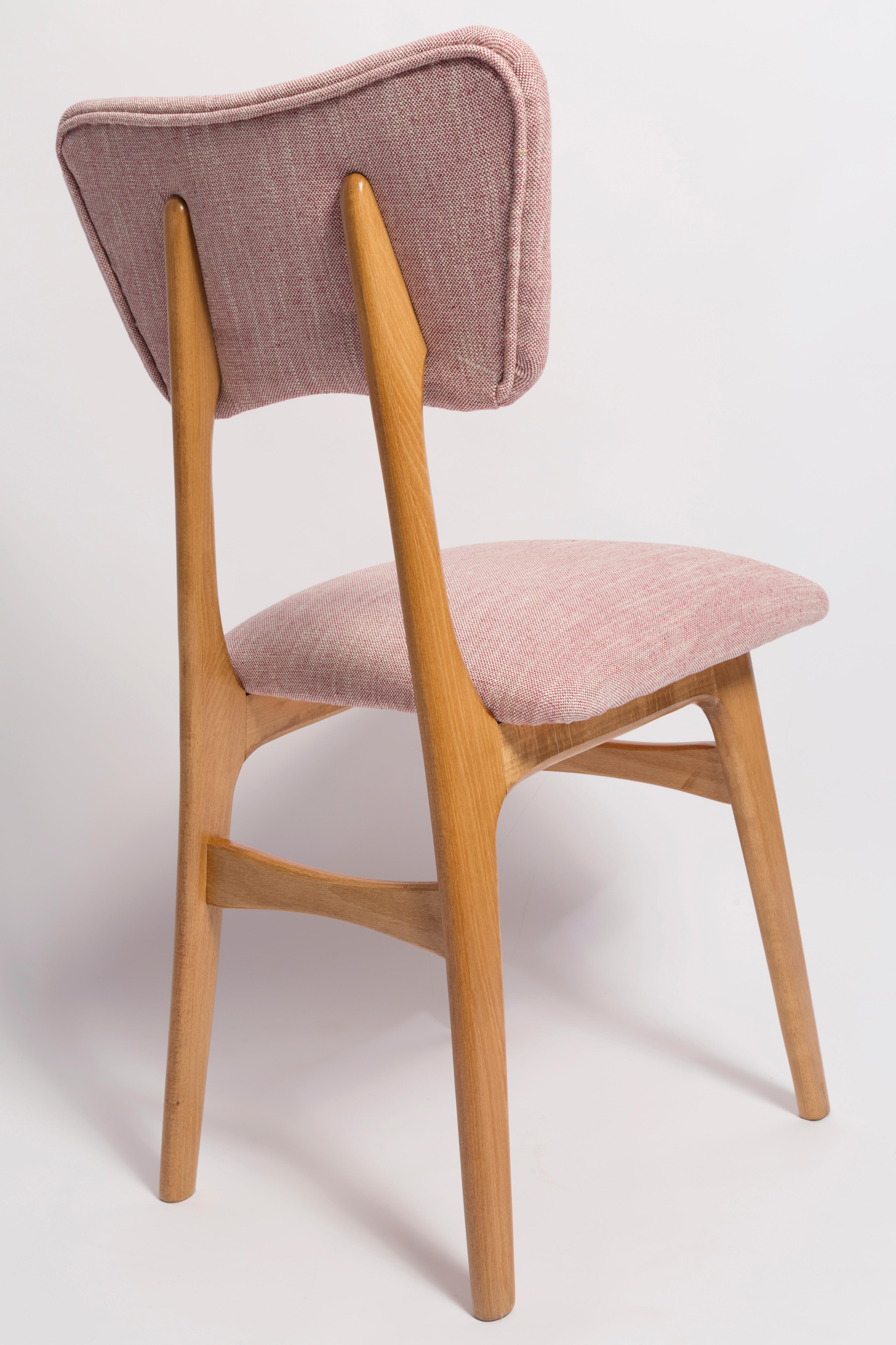 20th Century Six Mid-Century Butterfly Dining Chairs, Pink Linen, Light Wood, Europe, 1960s For Sale