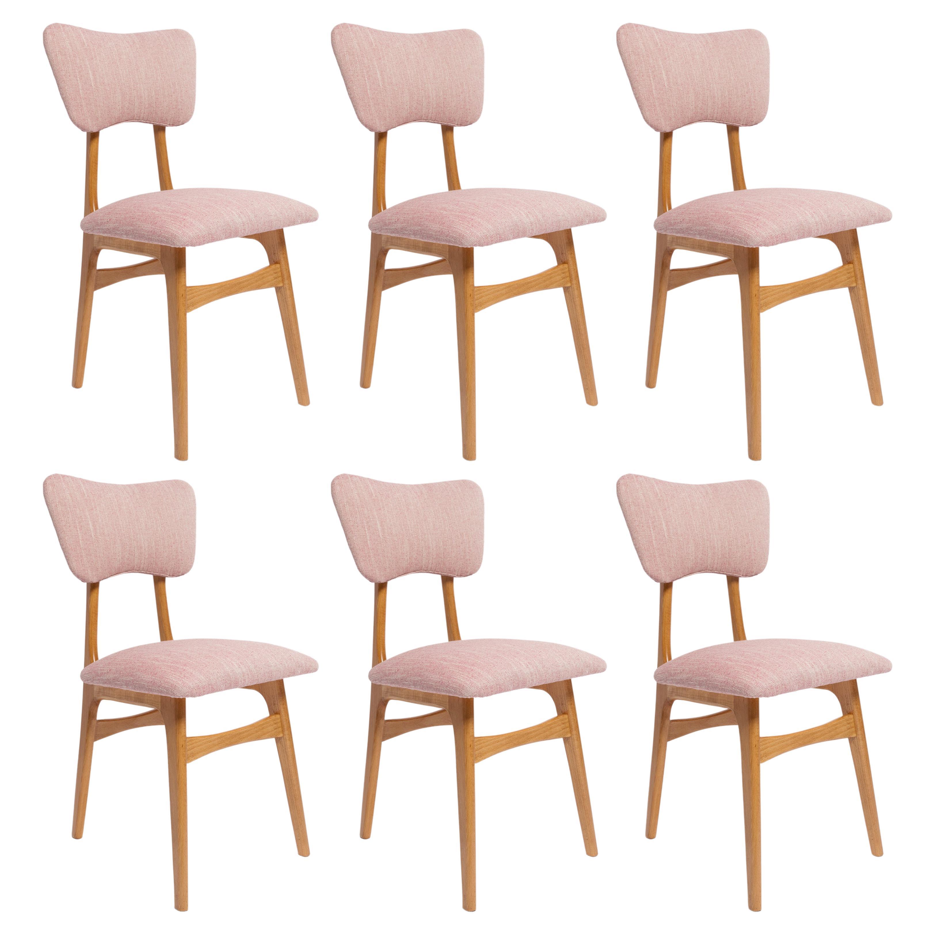 Six Mid-Century Butterfly Dining Chairs, Pink Linen, Light Wood, Europe, 1960s For Sale