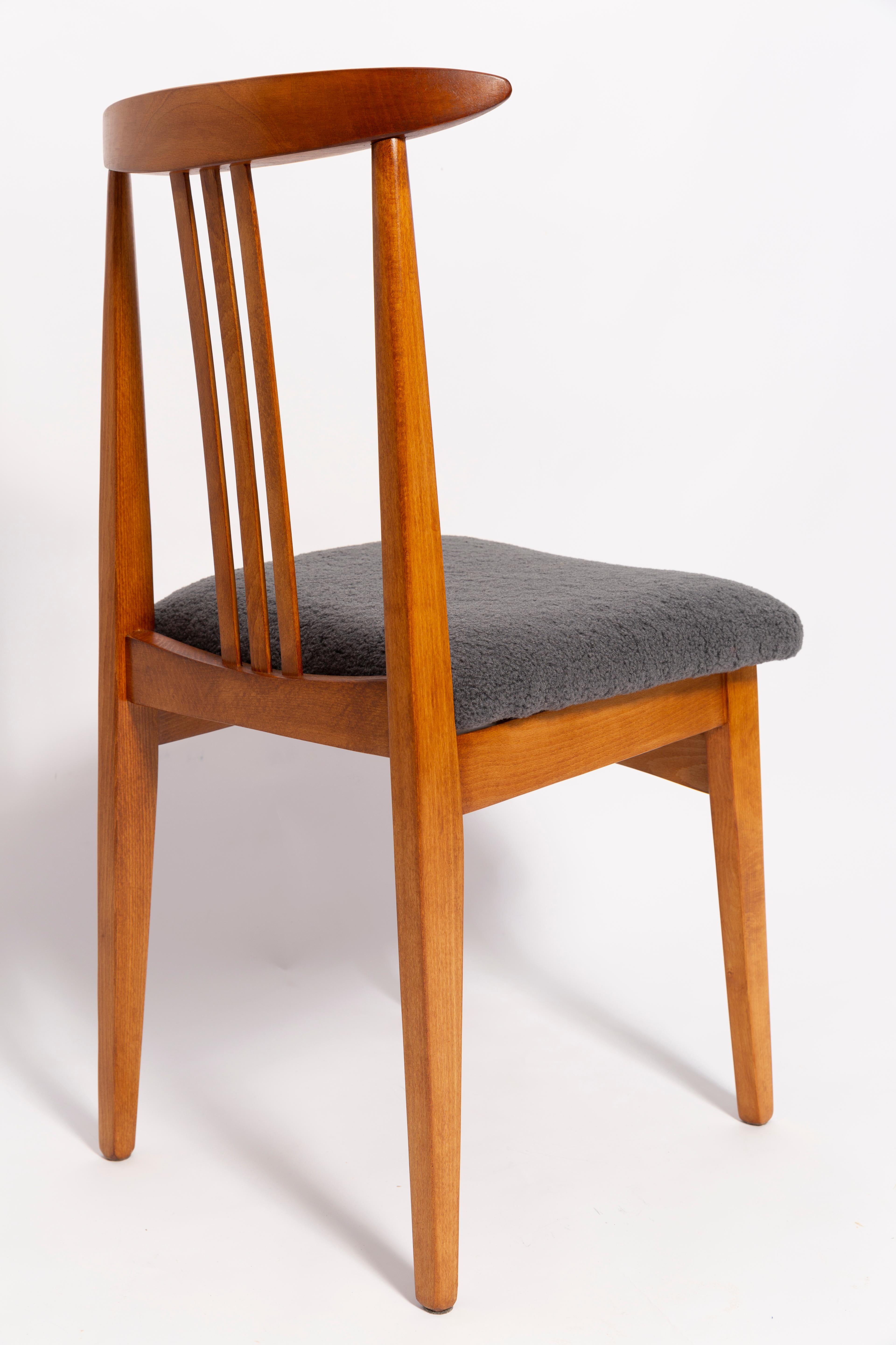 Polish Six Mid-Century Graphite Boucle Chairs, Medium Wood, M Zielinski, Europe 1960 For Sale