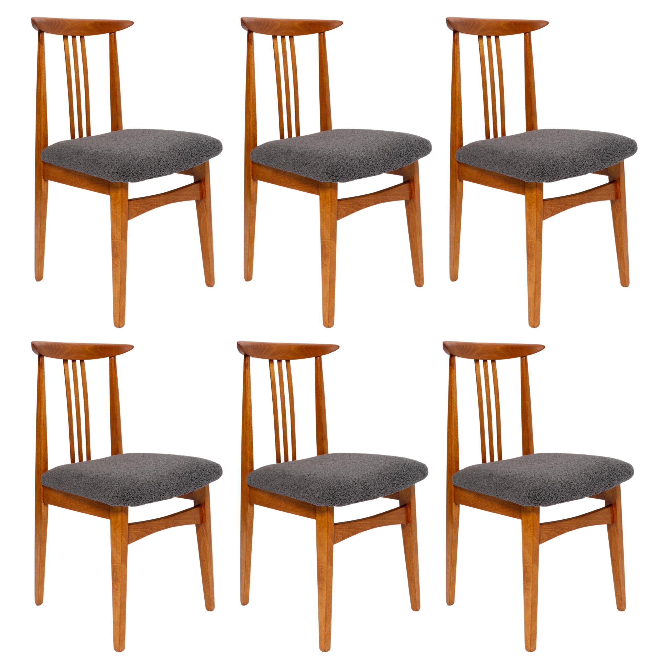Six Mid-Century Graphite Boucle Chairs, Medium Wood, M Zielinski, Europe 1960 For Sale