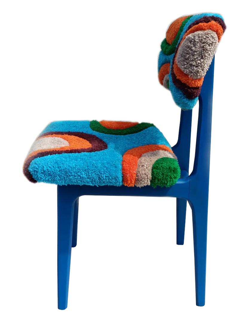 Six Mid Century Hand Tufting Chairs, Blue Wood, Rajmund Halas, Poland, 1960s For Sale 3