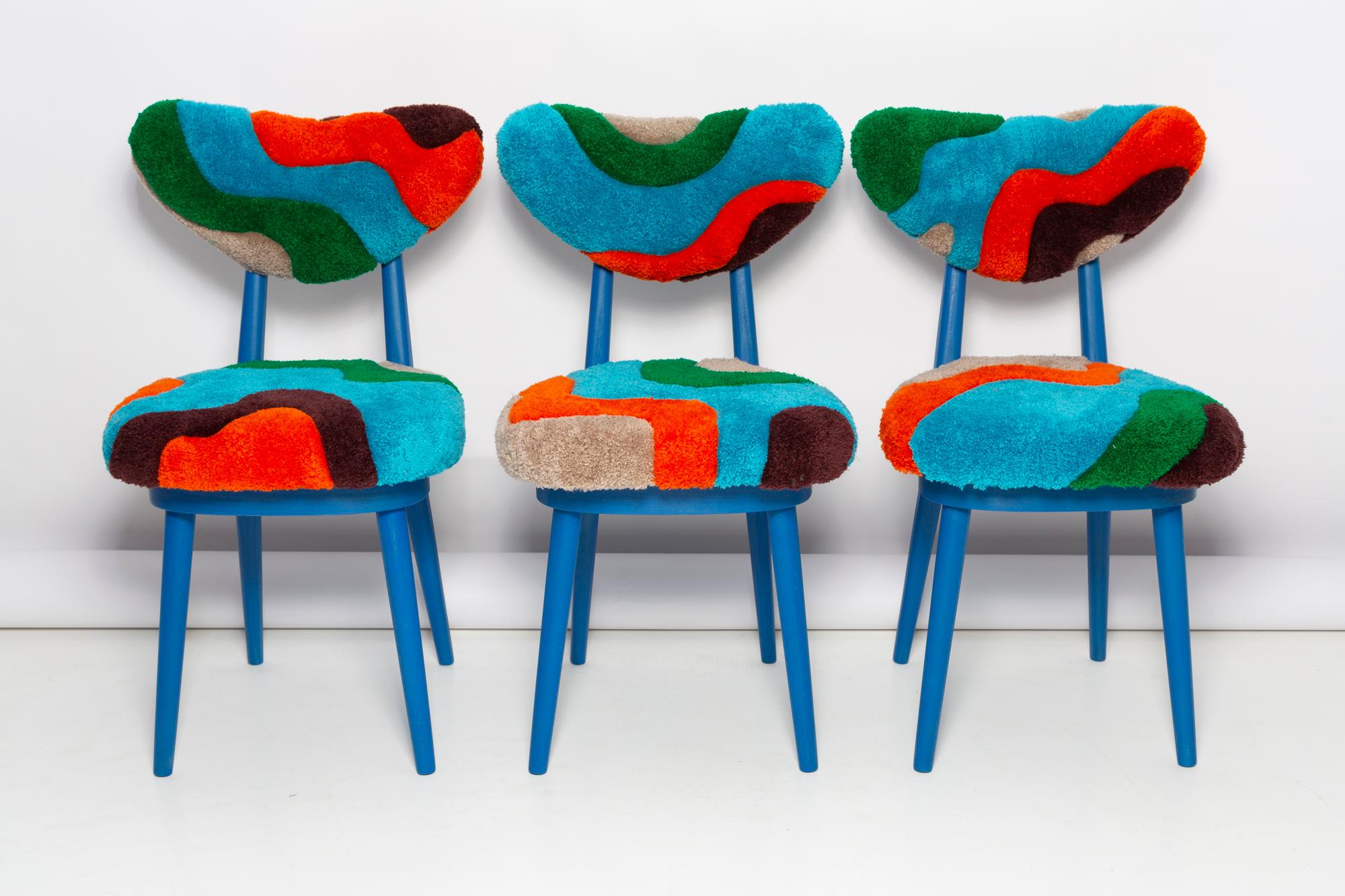 Six Mid Century Hand Tufting Chairs, Blue Wood, Rajmund Halas, Poland, 1960s For Sale 7