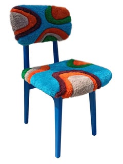Six Mid Century Hand Tufting Chairs, Blue Wood, Rajmund Halas, Poland, 1960s