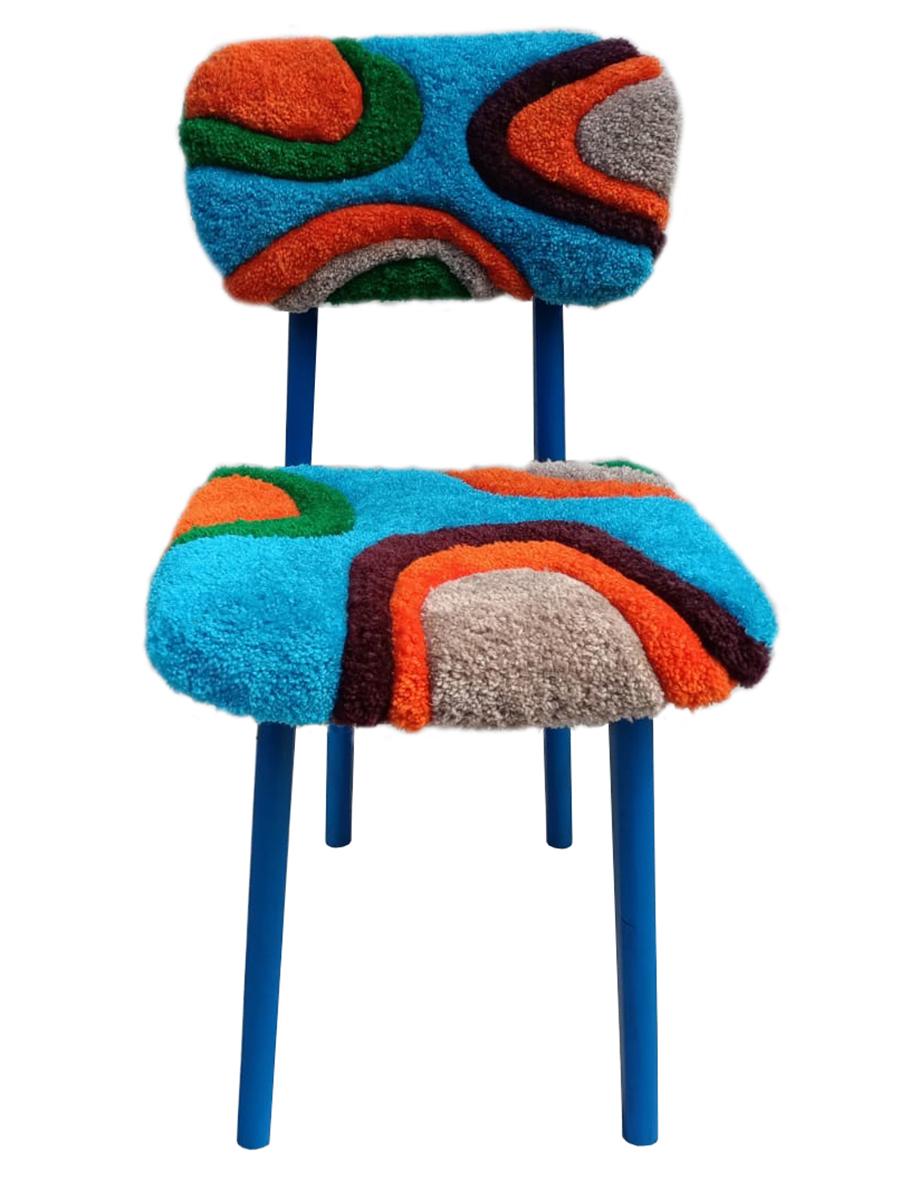 Mid-Century Modern Six Mid Century Hand Tufting Chairs, Blue Wood, Rajmund Halas, Poland, 1960s For Sale