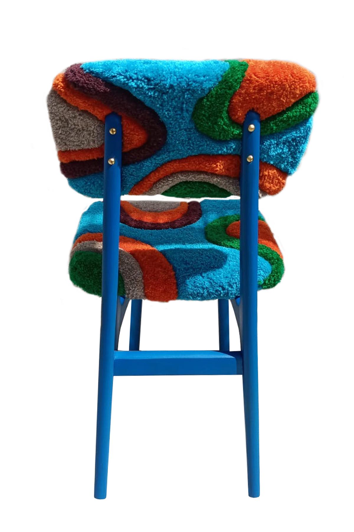 Polish Six Mid Century Hand Tufting Chairs, Blue Wood, Rajmund Halas, Poland, 1960s For Sale