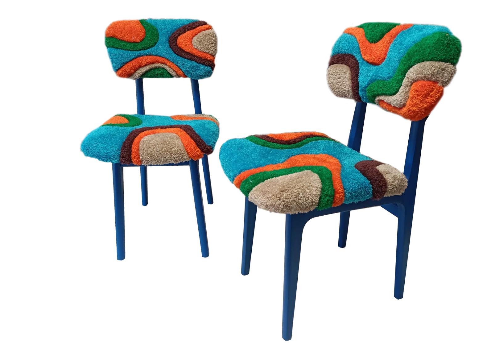 Hand-Crafted Six Mid Century Hand Tufting Chairs, Blue Wood, Rajmund Halas, Poland, 1960s For Sale