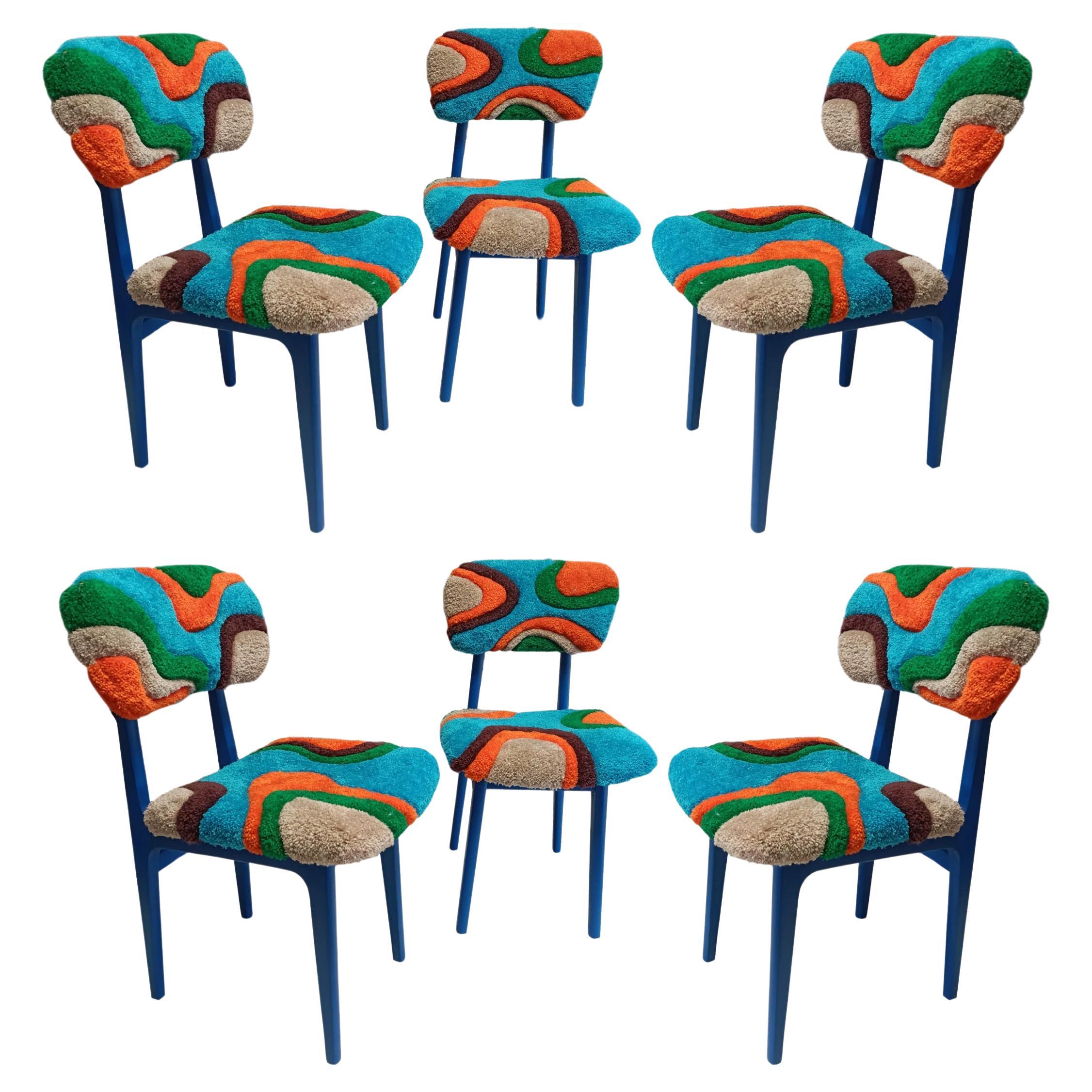 Six Mid Century Hand Tufting Chairs, Blue Wood, Rajmund Halas, Poland, 1960s