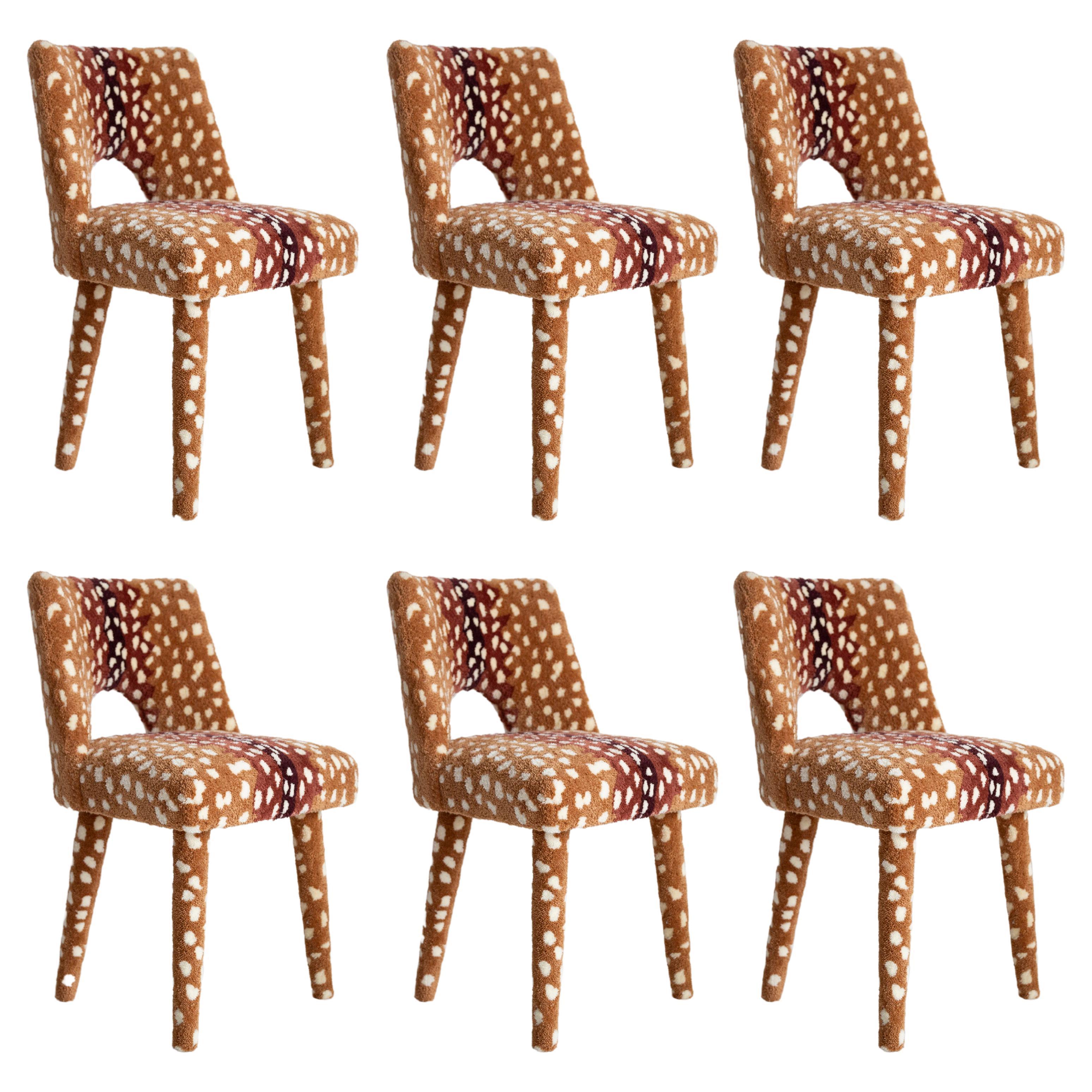 Six Mid Century Hand Tufting Roe Deer Bambi Wool Shell Chairs, Europe, 1960s