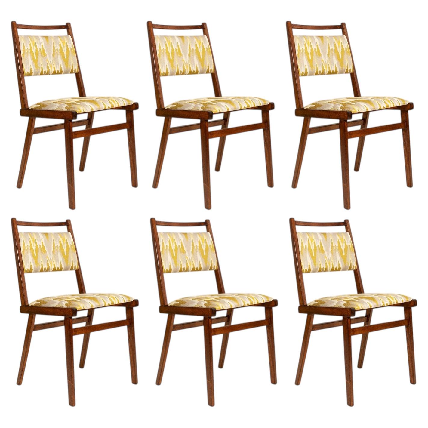 Six Mid Century JAR Chairs, Yellow Jacquard by Dedar, Poland, Europe, 1960s. For Sale