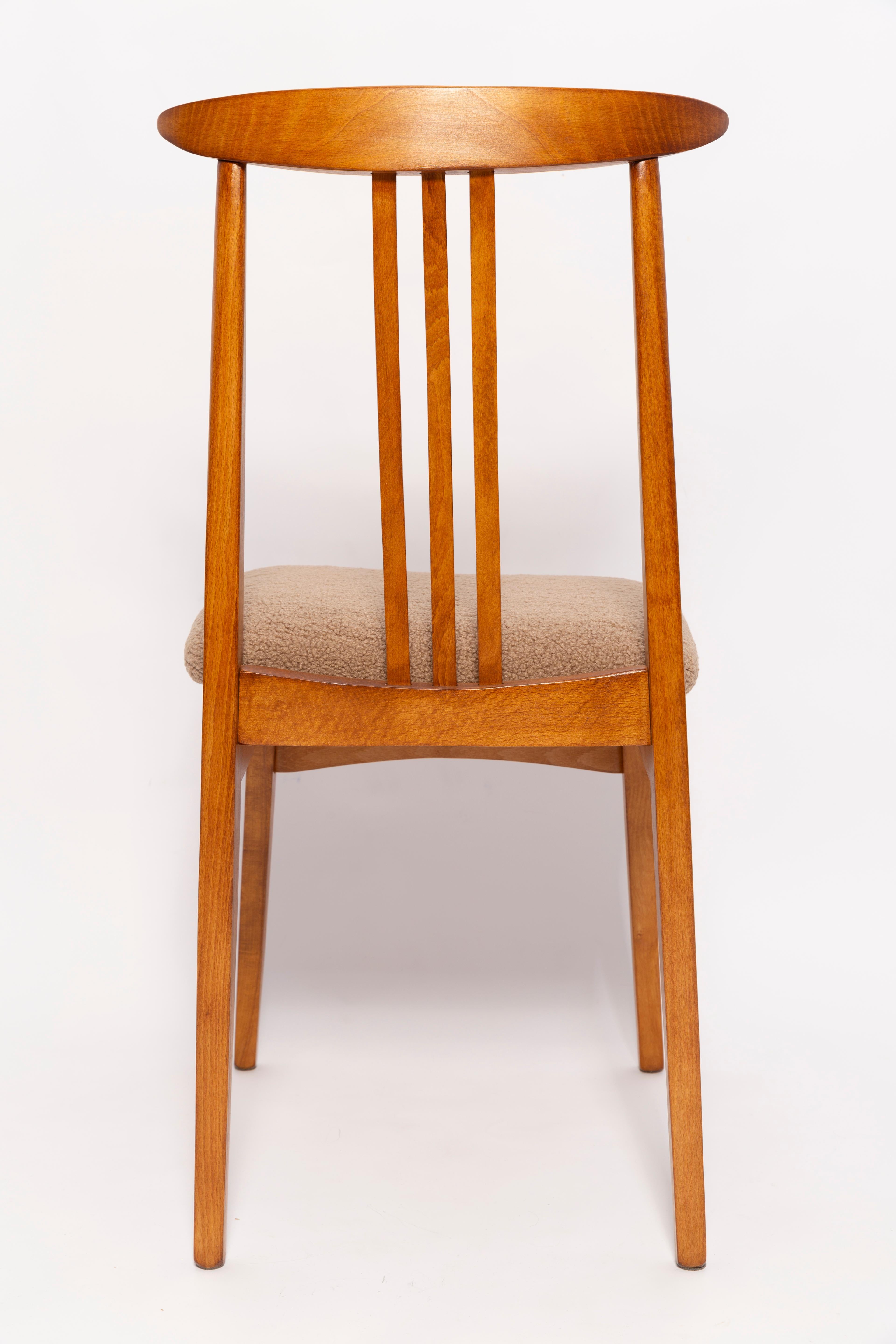 Polish Six Mid-Century Latte Boucle Chairs, Medium Wood, M. Zielinski, Europe 1960s For Sale