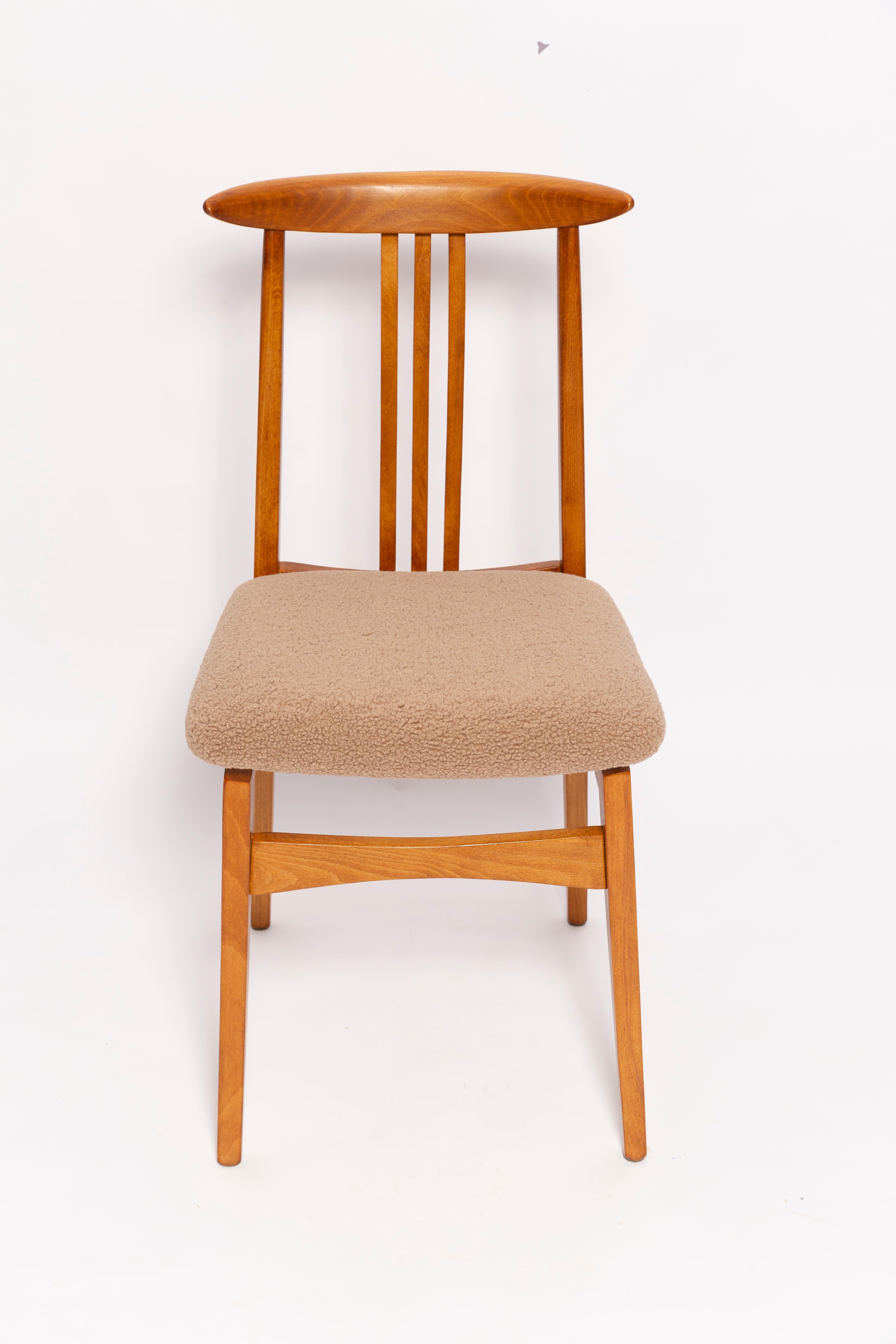 Bouclé Six Mid-Century Latte Boucle Chairs, Medium Wood, M. Zielinski, Europe 1960s For Sale