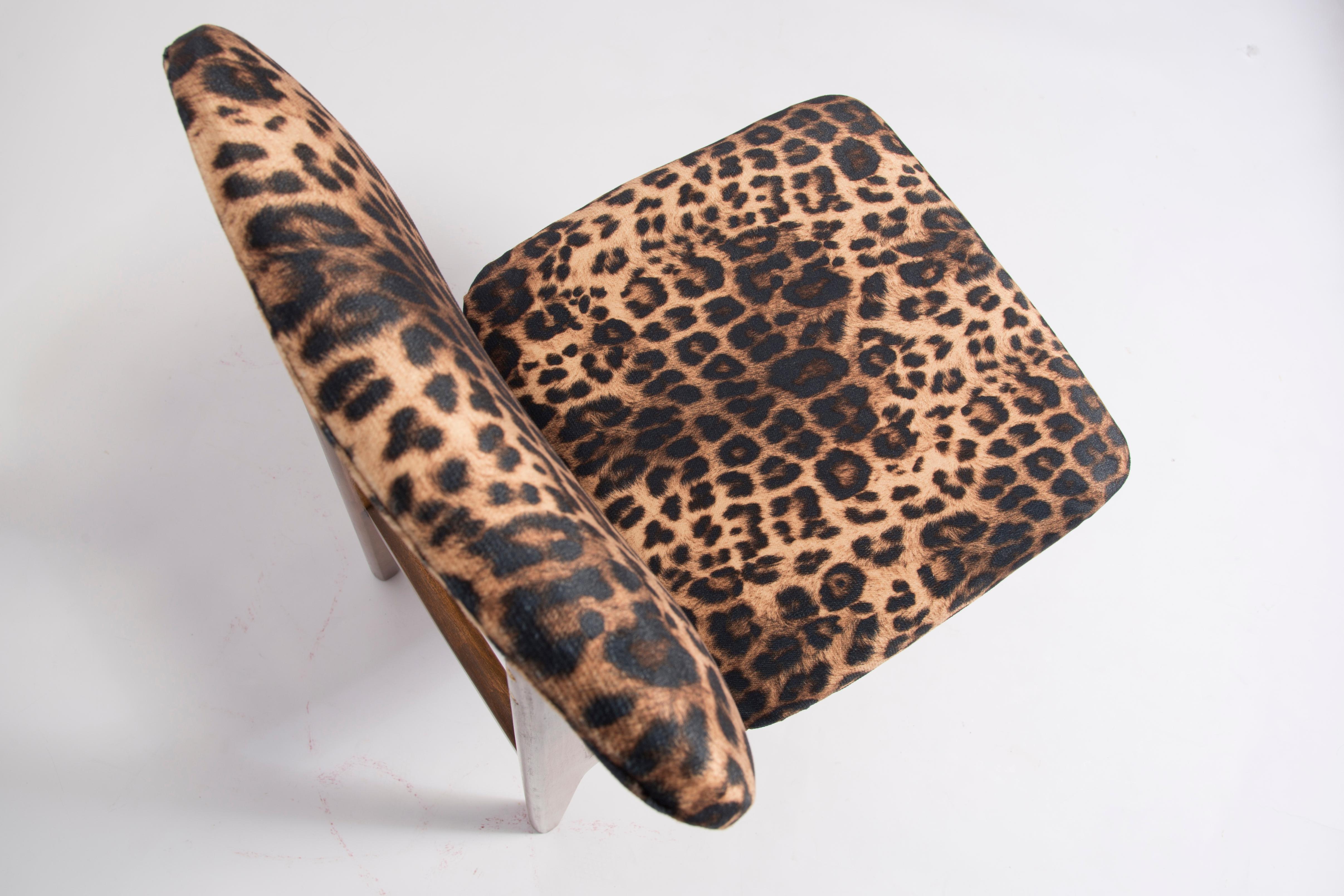 Six Mid Century Leopard Velvet Chairs, Walnut Wood, Rajmund Halas, Poland, 1960s For Sale 3