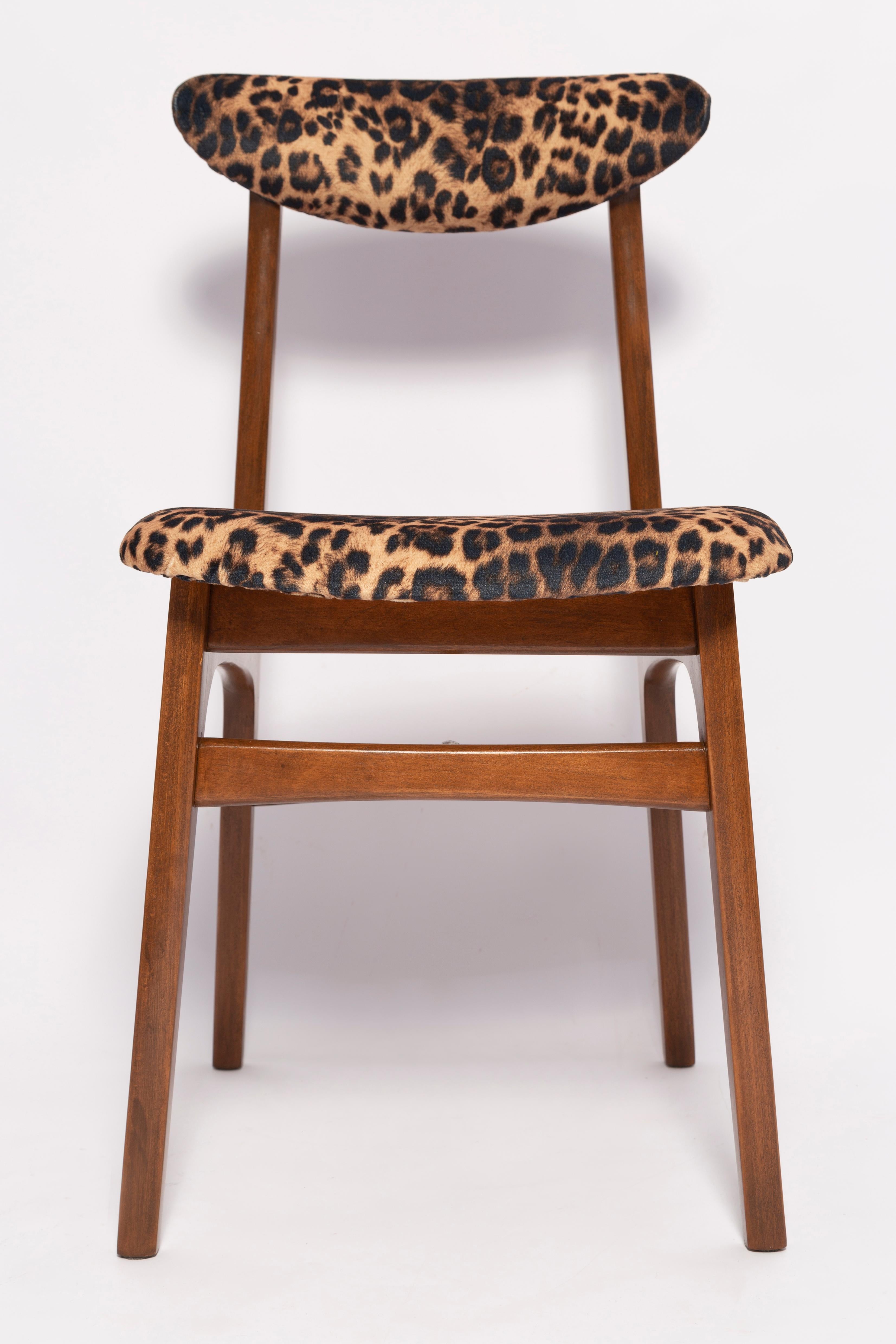 Hand-Crafted Six Mid-Century Leopard Velvet Chairs, Walnut Wood, Rajmund Halas, Poland, 1960s For Sale