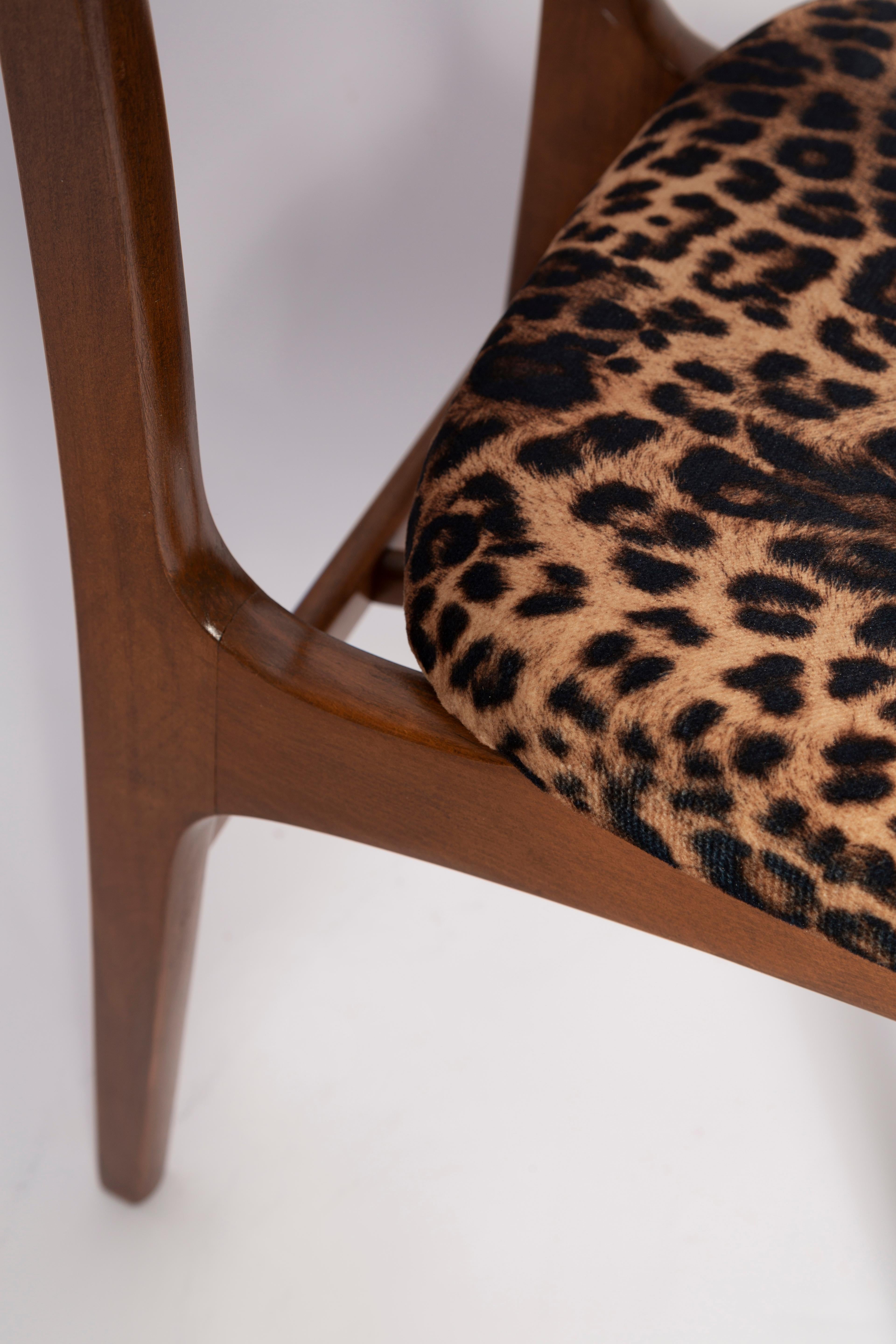 Six Mid-Century Leopard Velvet Chairs, Walnut Wood, Rajmund Halas, Poland, 1960s In Excellent Condition For Sale In 05-080 Hornowek, PL