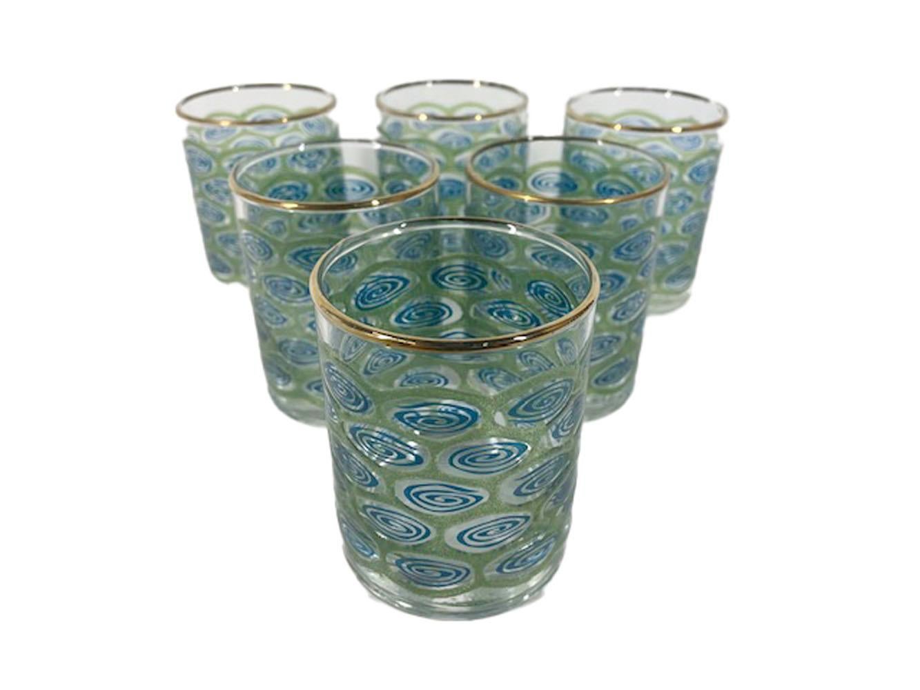 American Six Mid-Century Libbey Glassware Rocks Glasses in the Peacock Feather Pattern For Sale
