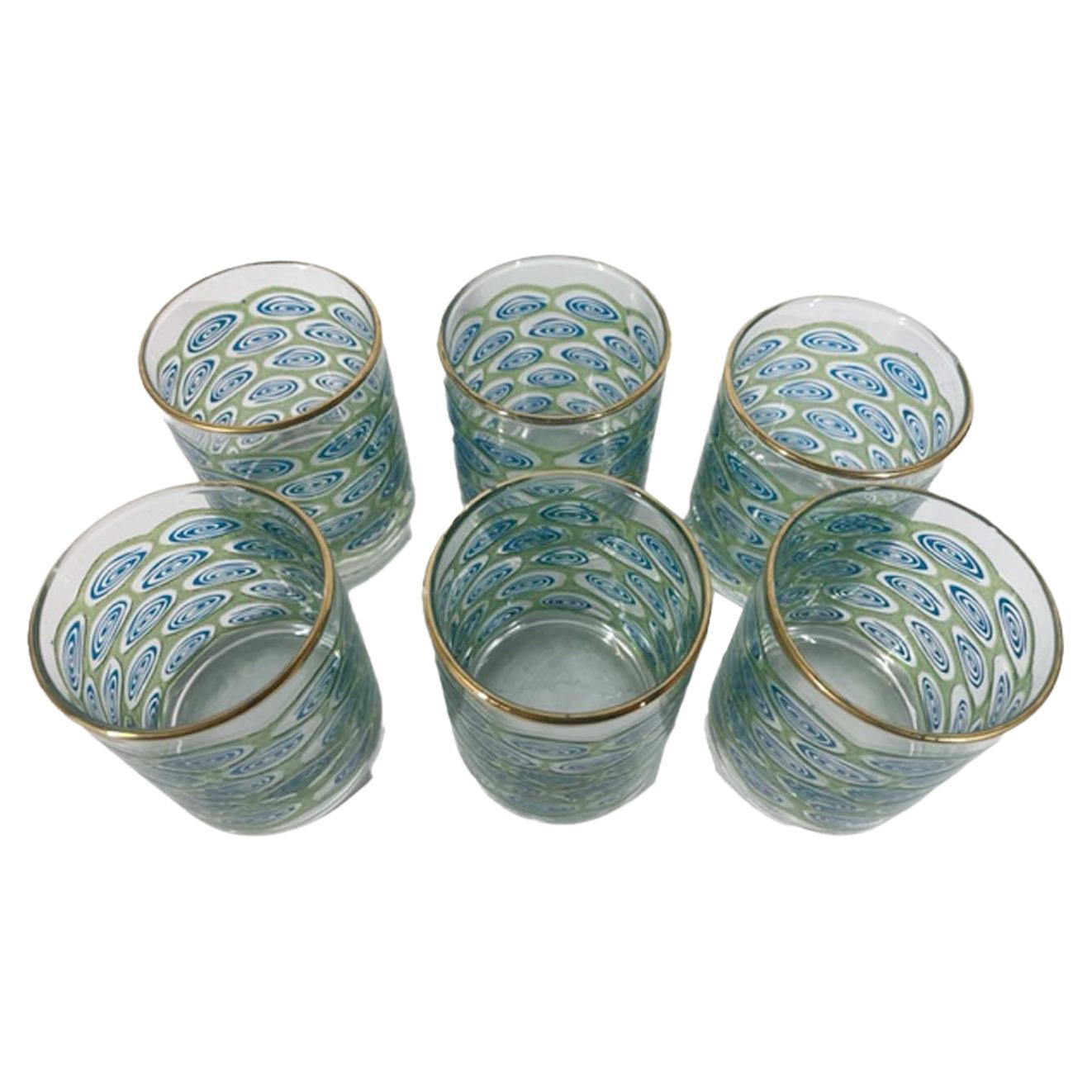Sechs Libbey-Gläser aus Glaswaren aus der Mitte des Jahrhunderts mit Pfauenfedermuster