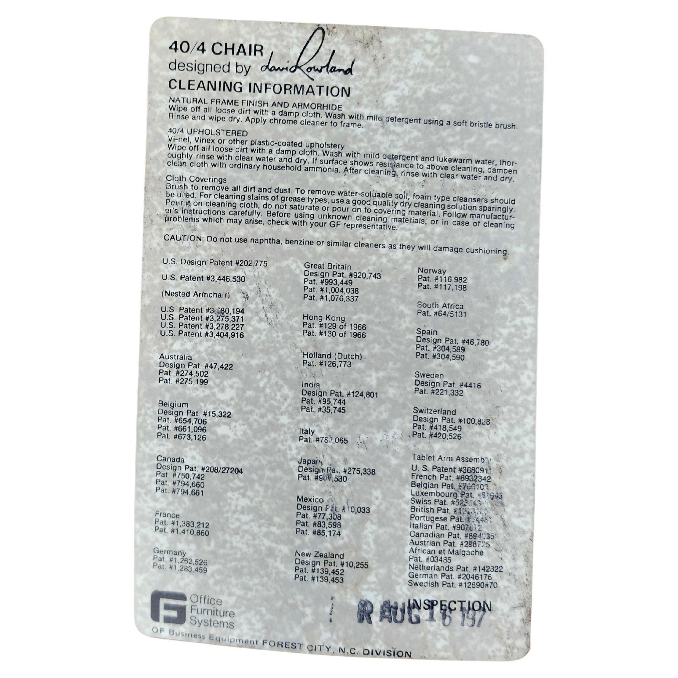 Fantastic set of six 40/4 stacking chairs by David Rowland in highly sought after Ash with chromed rod bases. Steam bent panels for body comfort and great design.
Chairs have been touched a bit and lacquered to bring them back to their original