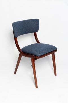 Six Mid Century Modern Bumerang Chairs, Navy Cheerful Check Wool, Poland, 1960s