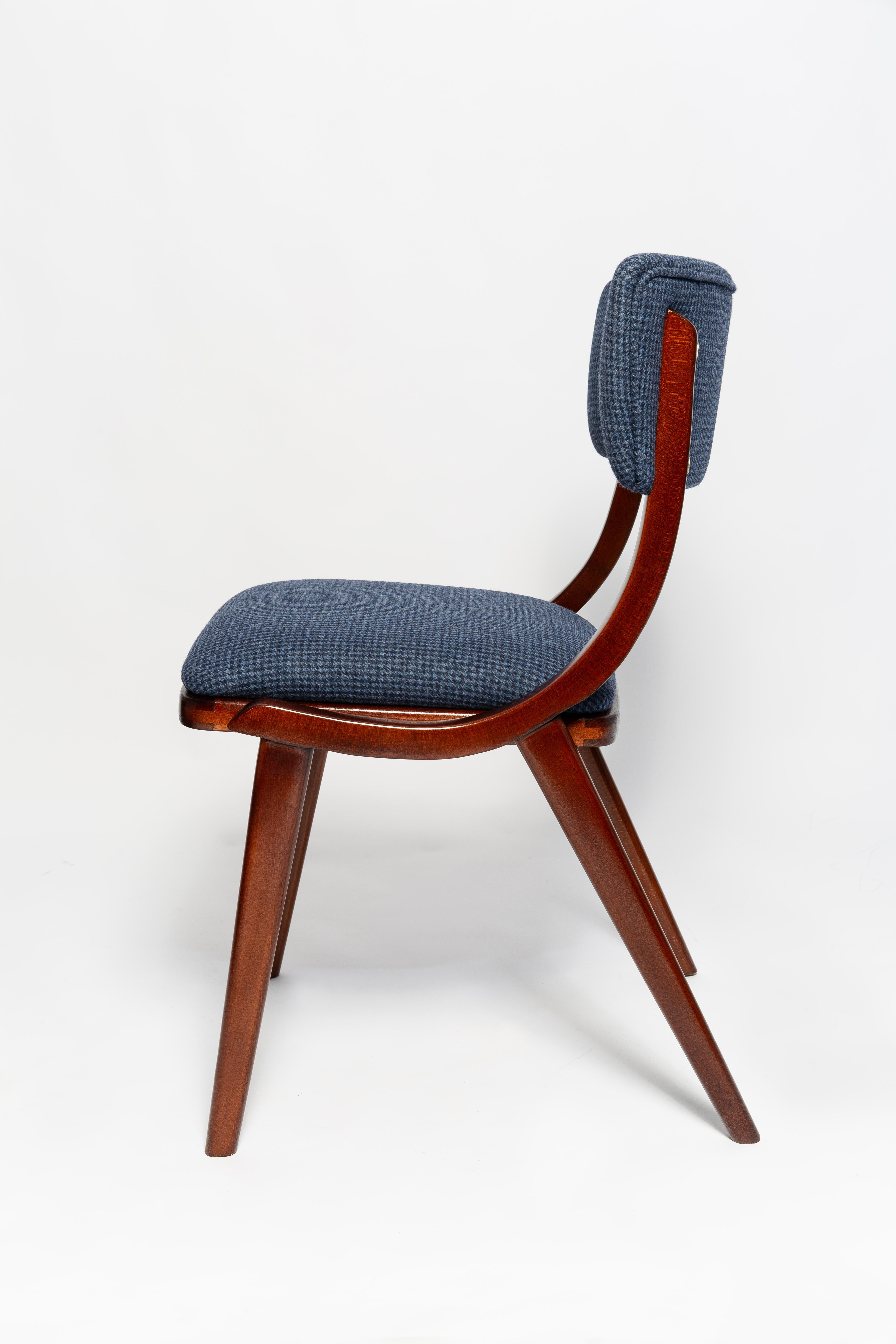 Sechs moderne Bumerang-Stühle aus der Mitte des Jahrhunderts, marinefarbene, fröhlich karierte Wolle, Polen, 1960er Jahre (Leder) im Angebot