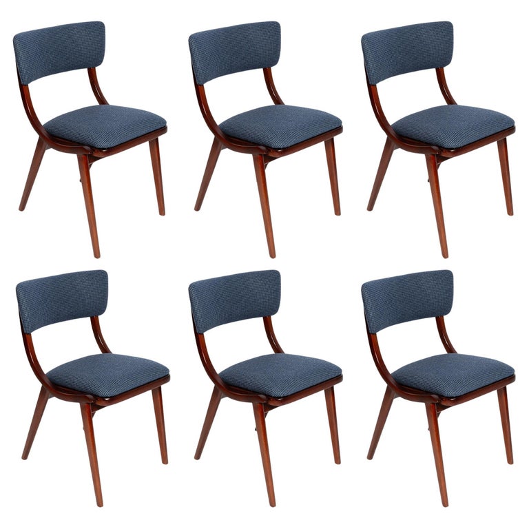Six Mid Century Modern Bumerang Chairs, Navy Cheerful Check Wool, Poland, 1960s