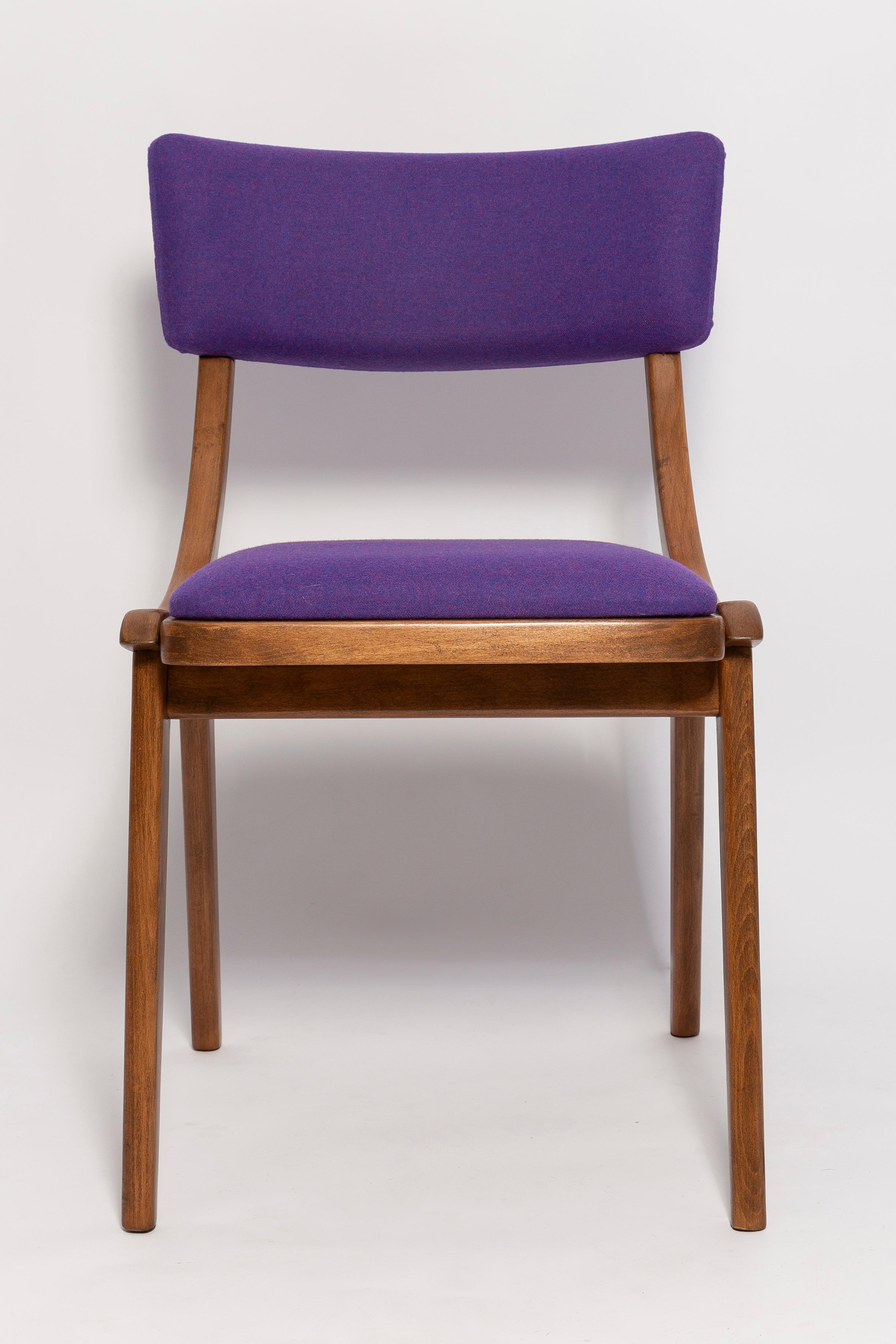 Sechs Bumerang-Stühle aus der Mitte des Jahrhunderts, lila-violette Wolle, Polen, 1960er Jahre im Angebot 3