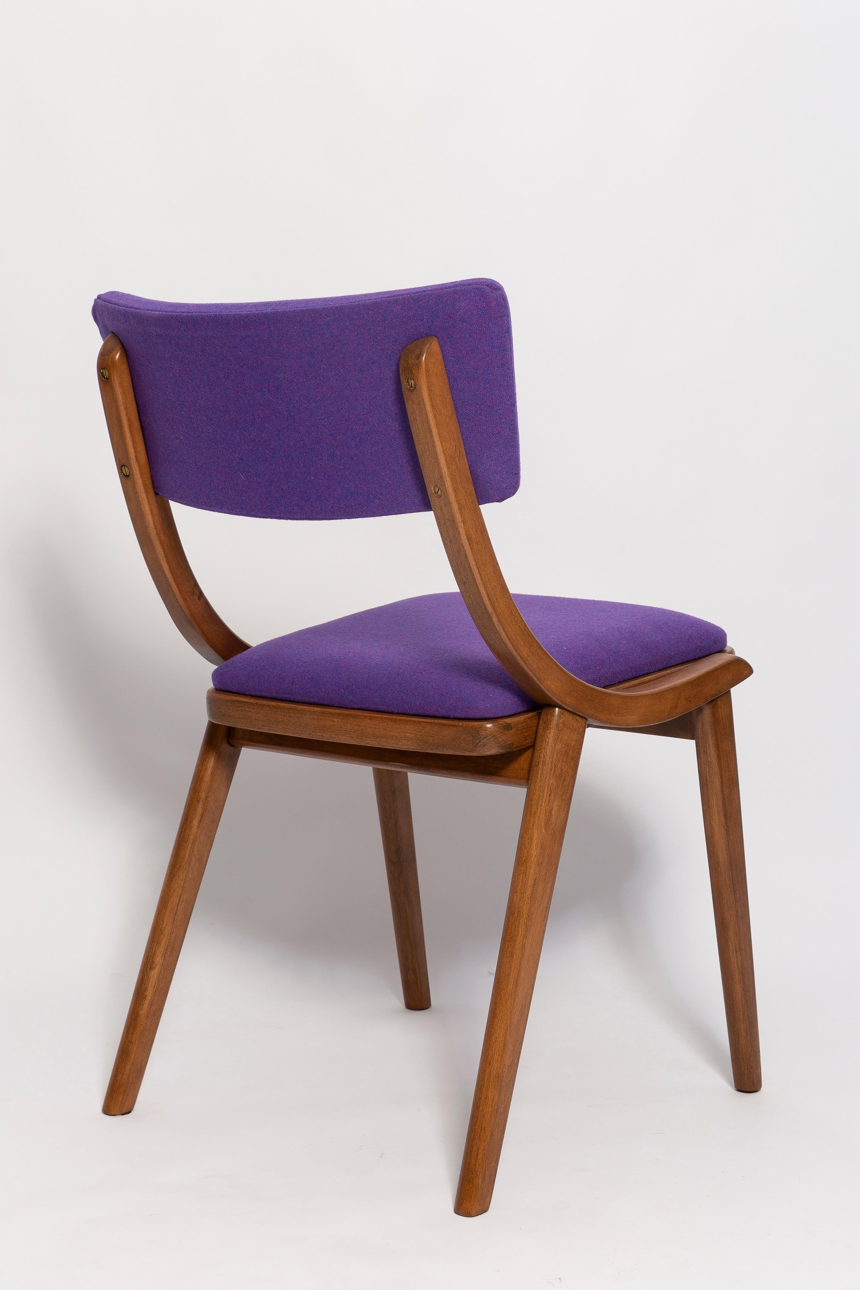 Sechs Bumerang-Stühle aus der Mitte des Jahrhunderts, lila-violette Wolle, Polen, 1960er Jahre (20. Jahrhundert) im Angebot