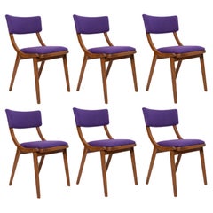 Six Mid Century Modern Bumerang Chairs, Purple Violet Wool, Poland, 1960s