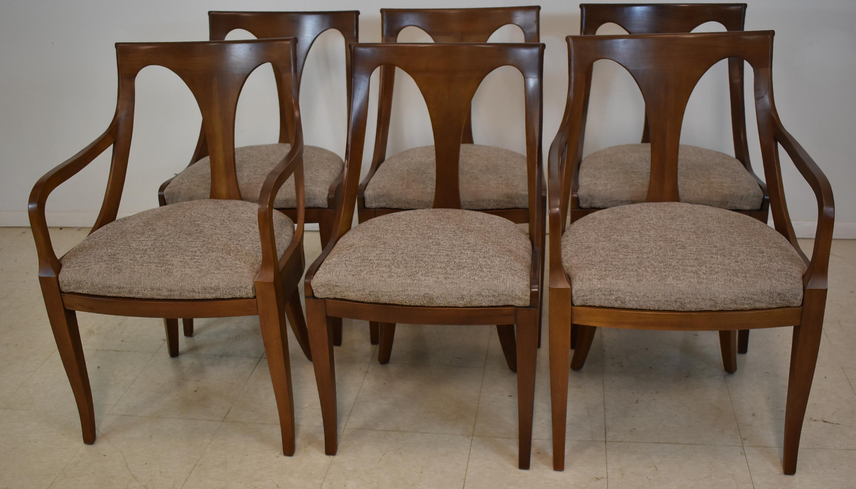 Six Mid-Century Modern cherry dining chairs by Kindel., Grand Rapids MI. Upholstered seats have been recovered. Very nice condition. 2 Arm chairs, 4 side chairs. Dimensions: 22