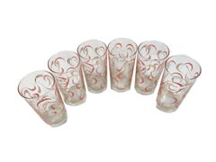 Six Mid-Century Modern Highball Glasses with Pink and Gold Streamer Designs