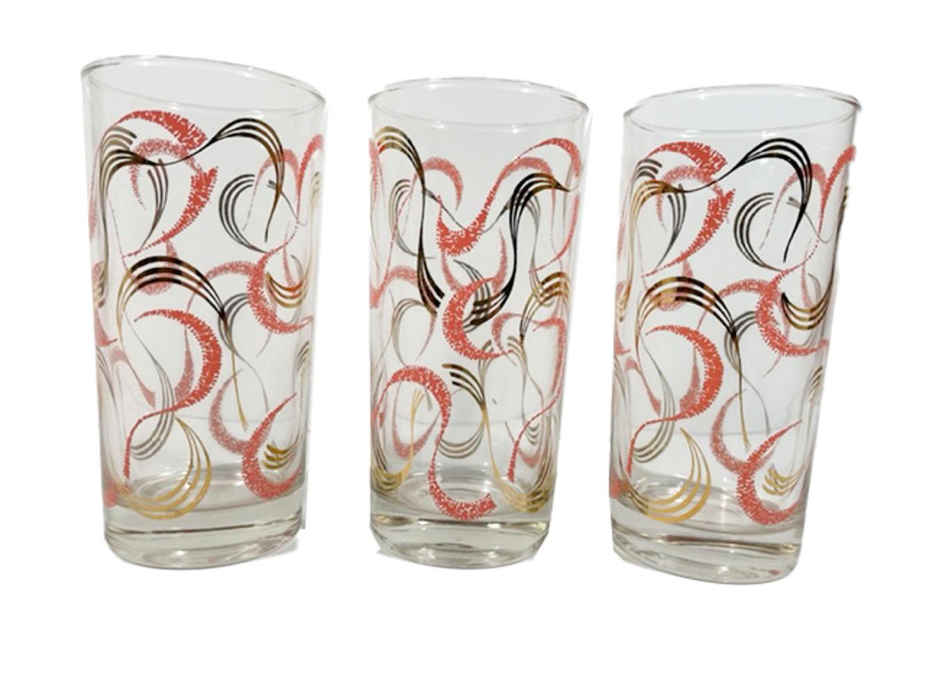 American Six Mid-Century Modern Highball Glasses with Pink and Gold Streamer Designs For Sale