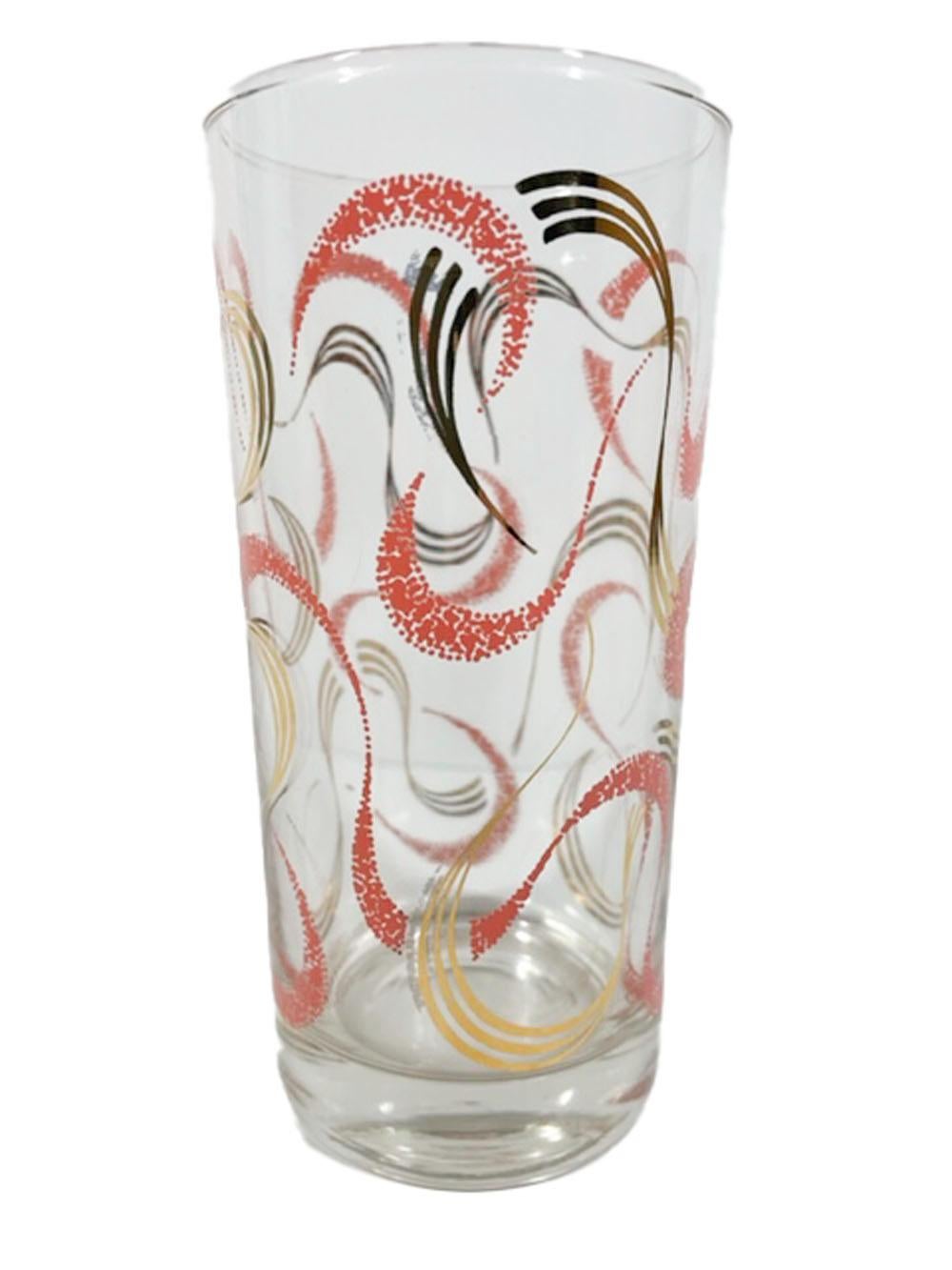 20th Century Six Mid-Century Modern Highball Glasses with Pink and Gold Streamer Designs For Sale