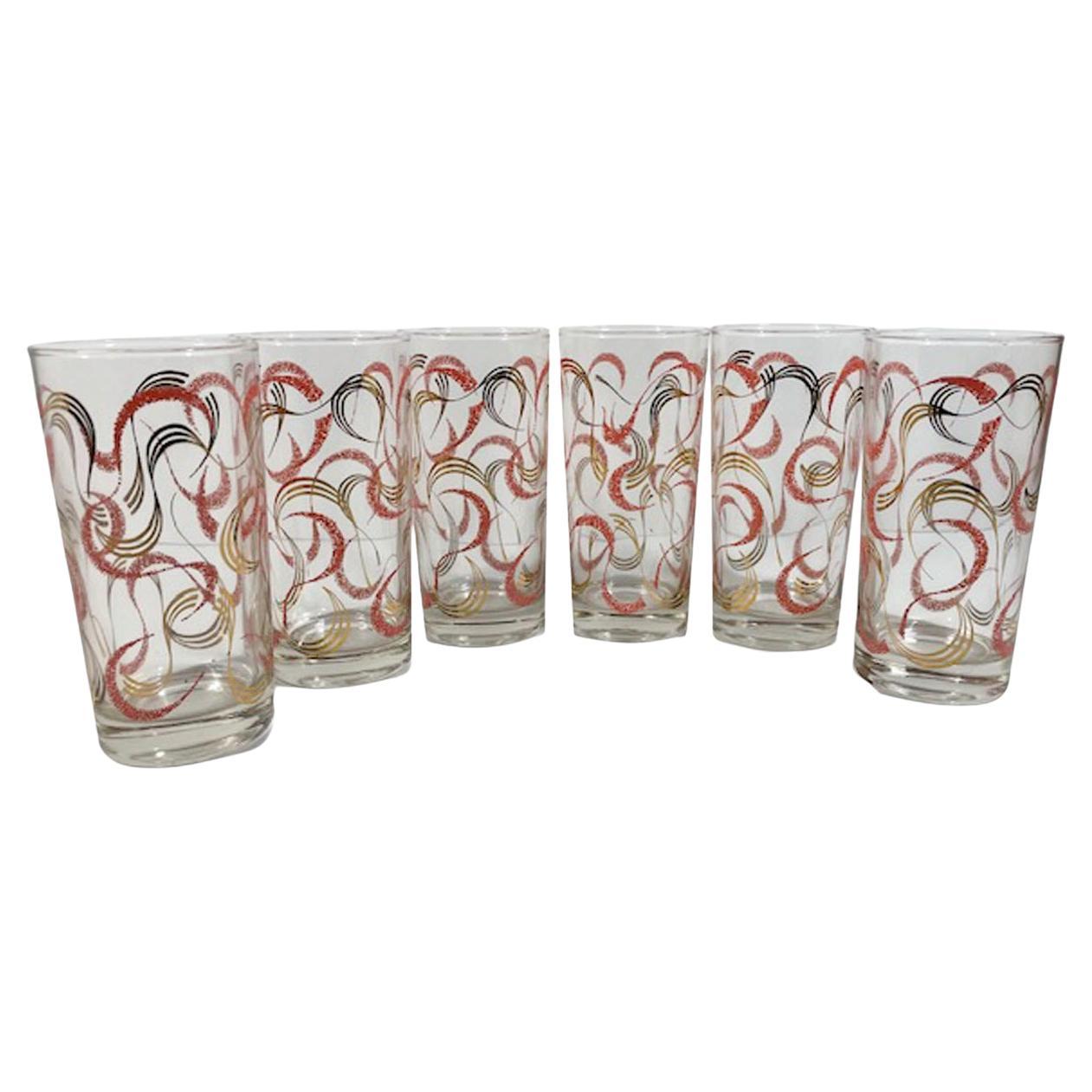 Six Mid-Century Modern Highball Glasses with Pink and Gold Streamer Designs For Sale