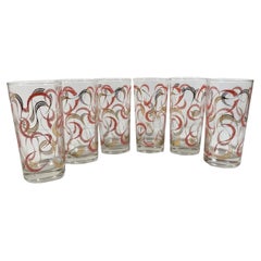 Six Mid-Century Modern Highball Glasses with Pink and Gold Streamer Designs